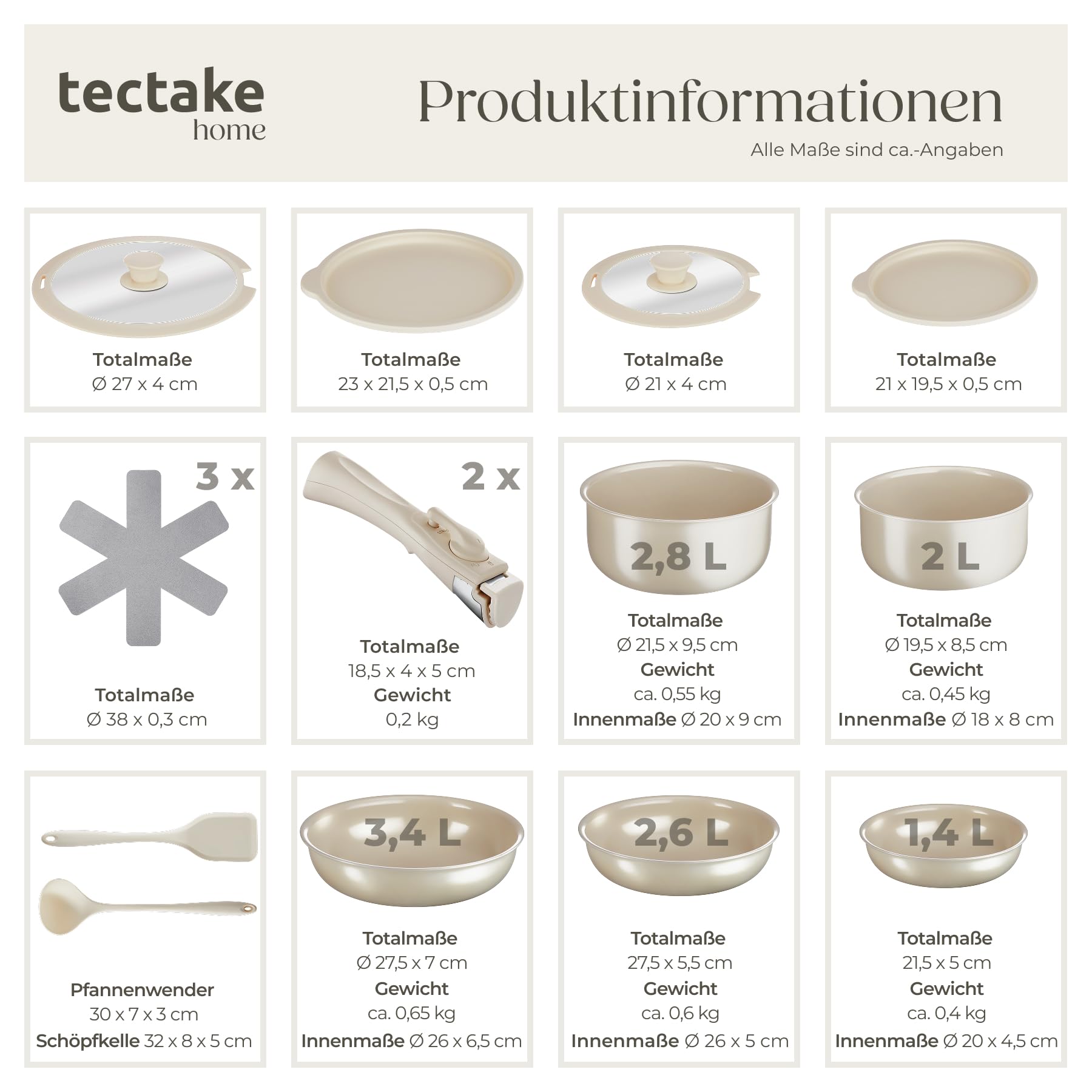 tectake® Küchenstarterset 6 Personen, Steingut Geschirr Set, Teller, 3 Pfannen, 2 Töpfe, rostfreies Aluminium, Kochtopf Set, Töpfe Set, kratzfest, inkl. 5 Küchenwerkzeuge - taupe/weiß, 46-tlg.