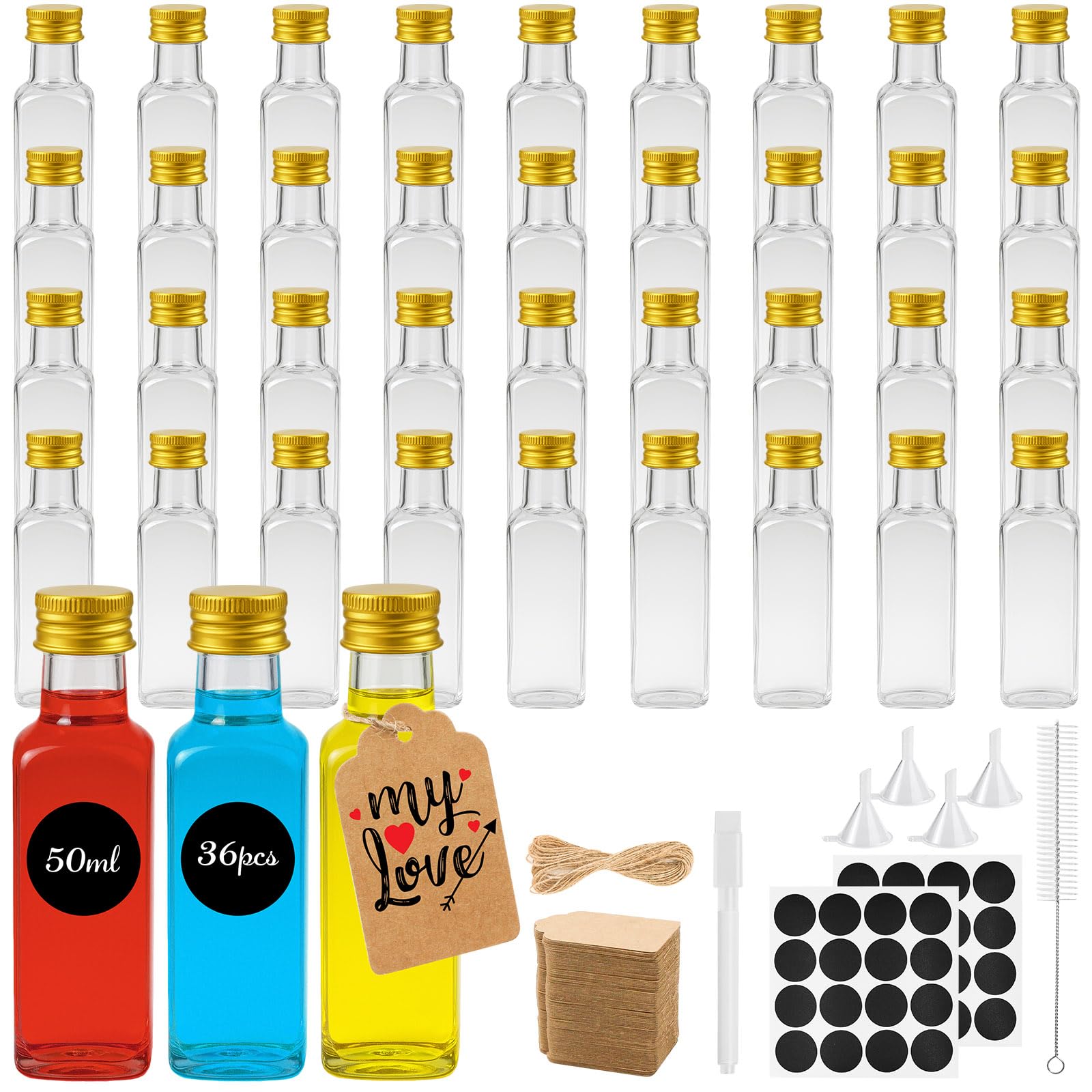 36 Pack 50ml Mini Alcohol Bottles with Lids, Reusable Square Mini Shot Bottles, Clear Plastic Shot Bottle with Funnels, Tag, Ropes, Pen and Brush for Liquor, Whiskey, Wedding Favours & Party Use