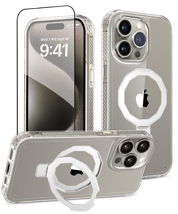 BANLEA for iPhone 15 Pro Max Case, with Screen Protector + Camera Lens Protector, Built-in Seamless Stand, [Compatible with MagSafe] Protective Shockproof Phone Case, Cover iPhone 15 ProMax - Clear by BANLEA - Used condition - US$10.79
