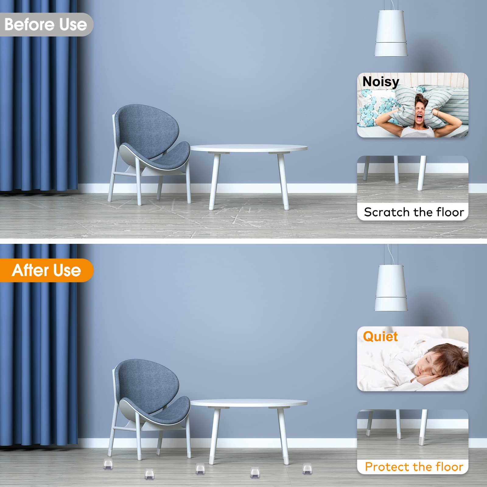 Quadratische Stuhlbein-Bodenschoner, hochelastische Filz-Möbel-Pads für Hartholzböden, Silikon-Bodenschoner für Stühle, Stuhlbeinkappen, Abdeckungen, Socken, transparent, klein, 36 Stück