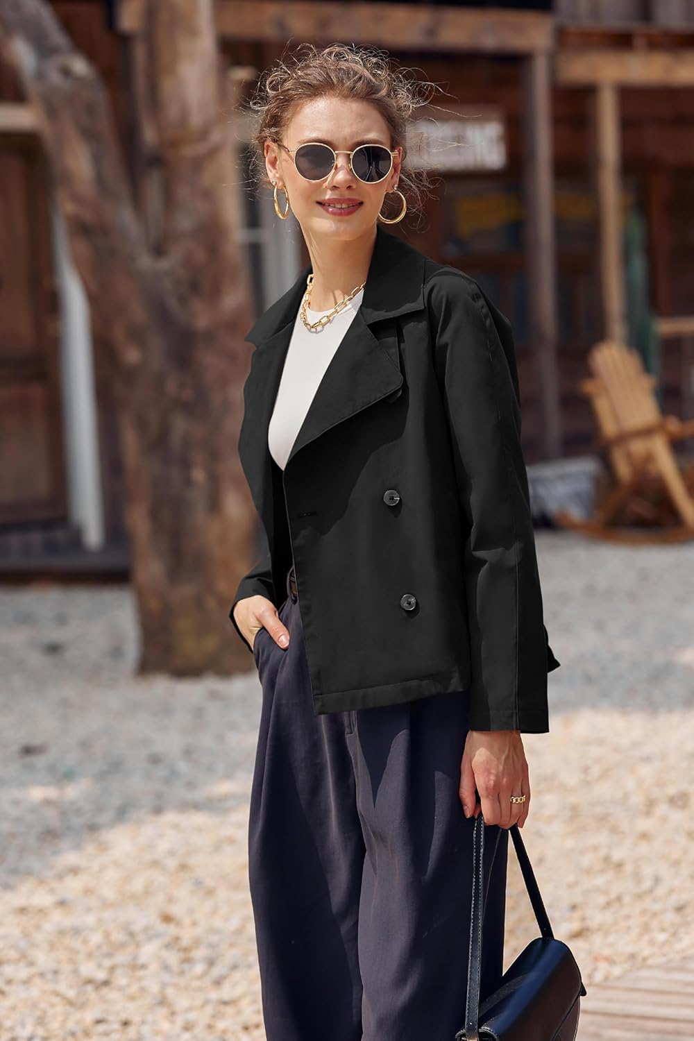 Onedreamer Women's Double Breasted Trench Coat Classic Lapel Long Sleeve Blazer Jackets Casual Outerwear With Belt - Image 4