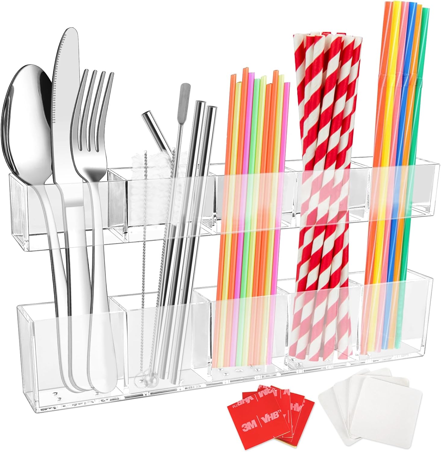 CRUCIBLY 9.5" Large Acrylic Straw Holder for Cabinet Door,Reusable Tumbler Straw Organizer with Ultra Sticky Adhesive Strips,Straw Storage for Kitchen Cupboard (Transparent)