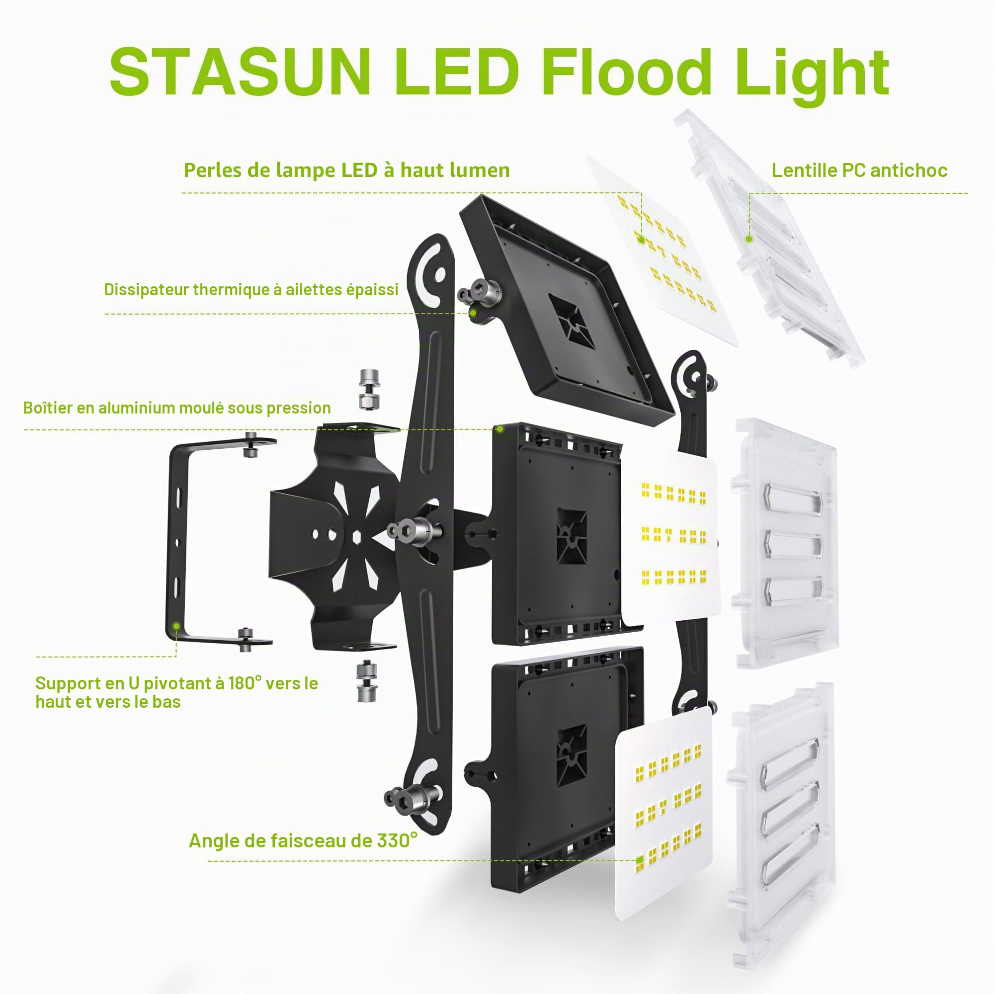 STASUN Projecteur LED 150W, IP66 Imperméable, 15000LM, Éclairage Extérieur LED, Équivalent à Ampoule Halogène 900W, 5000K Lumière Blanche du Jour, Projecteur réglable pour granges, cour et garage
