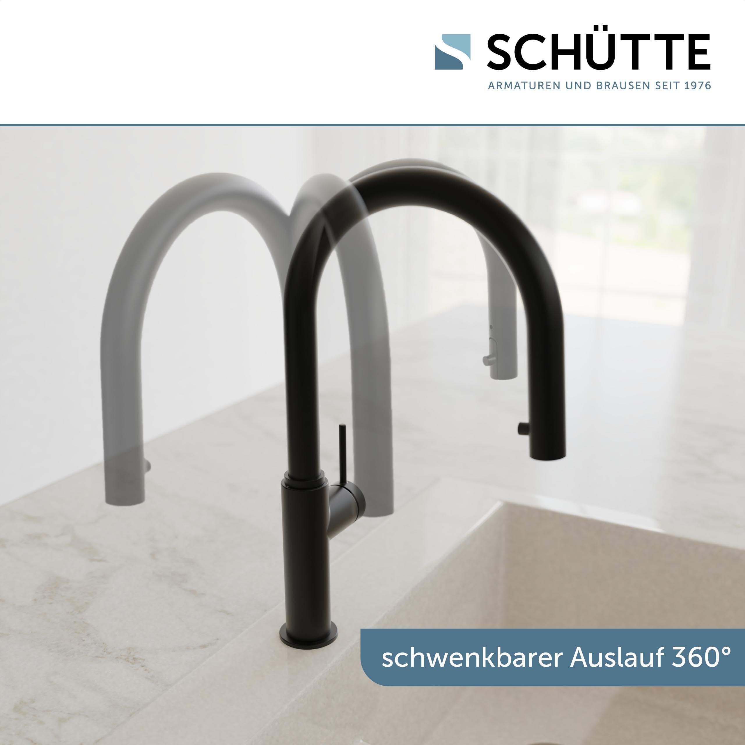 SCHÜTTE 79566 Blackpool Küchenarmatur mit ausziehbarer Geschirrbrause, 360 Grad Wasserhahn für die Küche, Mischbatterie mit Einhebelmischer, Spültischarmatur mit Brause ausziehbar in Schwarz