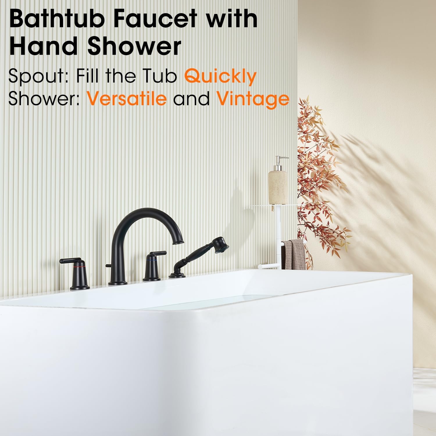 Bathtub Faucet Trim Kit with Hand Shower and Rough-in Valve Deck Mount 4 Hole High Flow Classic High Arch Tub Faucets Black, WT-9808BK