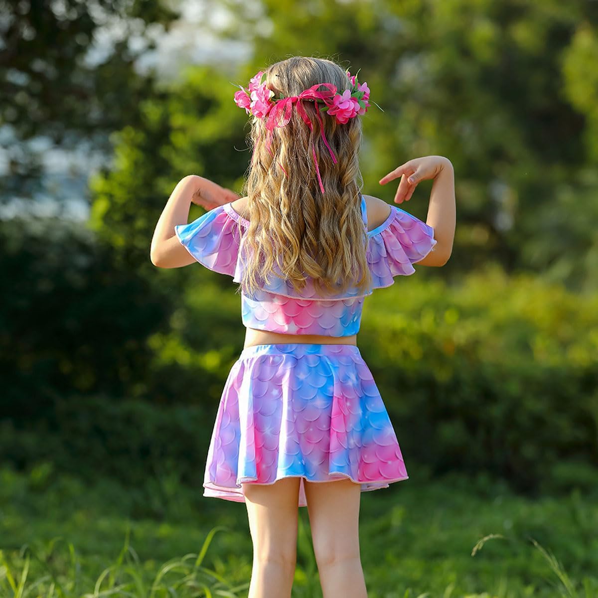 Girls Spa Princess Swimwear Split Beachwear Set 3-Piece Halter Dress Ruffle with Swim Cap