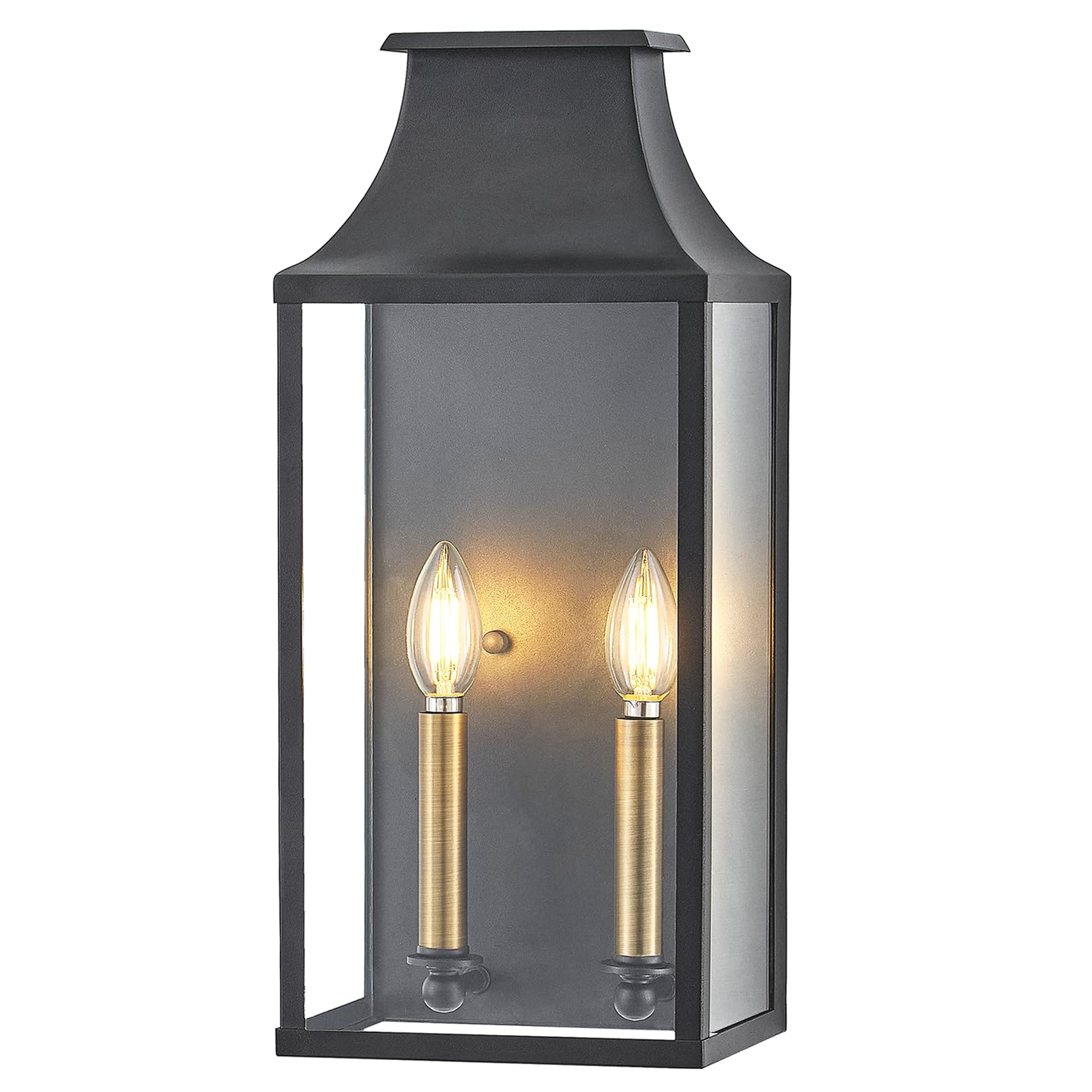 Photo 1 of 18"Medium Classic Outdoor Wall Lantern Light For House Exterior,Handcrafted Satin Black Metal Cage Mounted Pocket Wall Sconce W/Clear Tempered Glass,Waterproof for Porch, Patio, Garage&Front Door E12