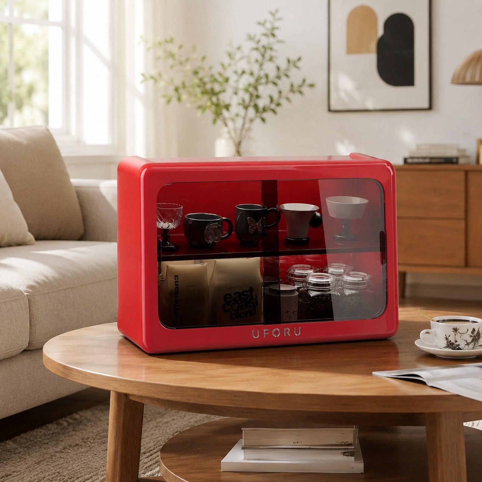 Desktop Aufbewahrungsregal mit Schiebetür Als Gewürzkorb Tassenablage Ablage für Kaffeezubehör Teeregal Mehrzweckregal für Büro Heimdekoration Und Arb, Rot