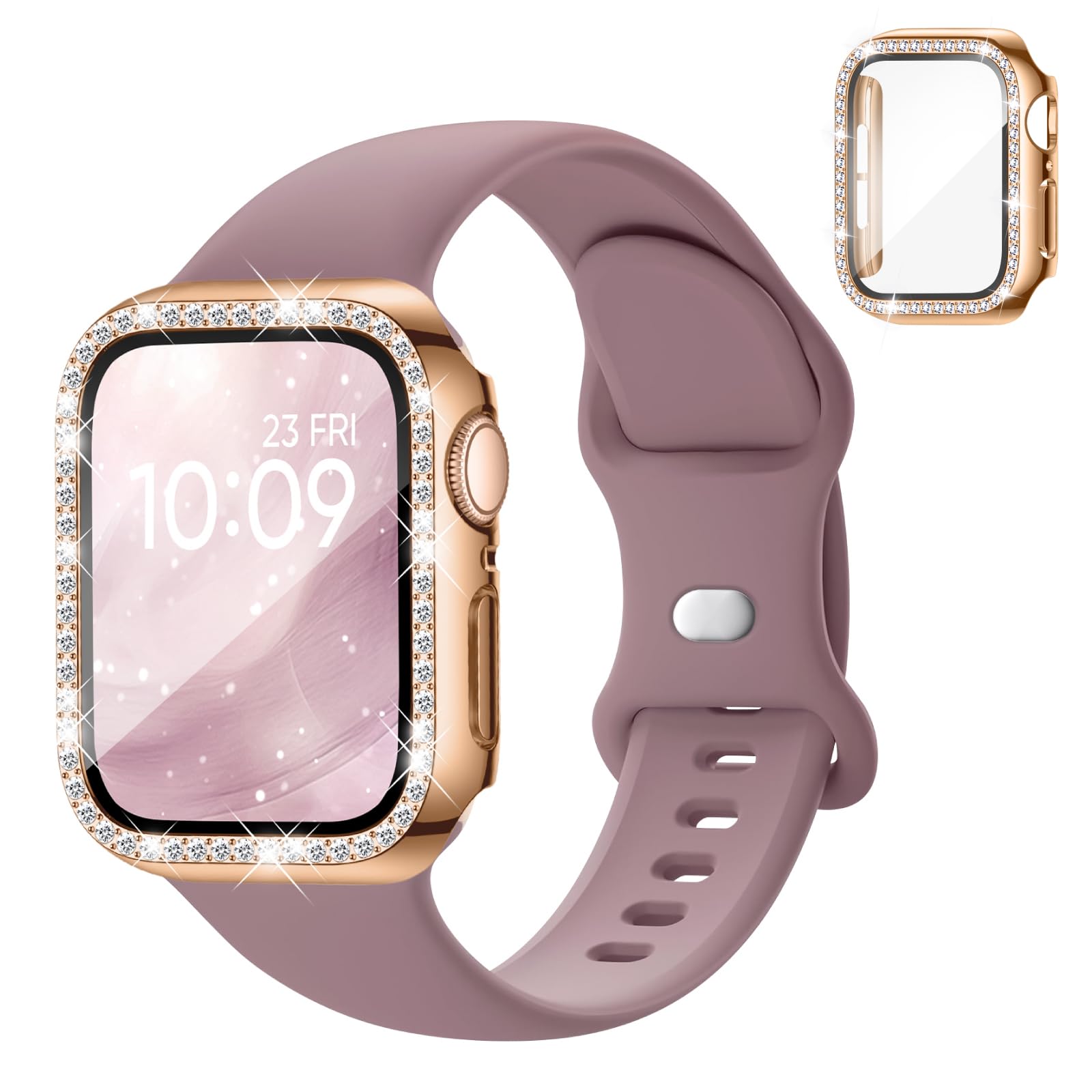 Silicone Band and Case Compatible with Apple Watch Bands for Women 40mm 44mm 41mm 45mm 42mm 46mm, Sport Strap with Bling Diamond Screen Protector Cover for iWatch Series 11/SE3/10/9/8/7/6/5/4 — view 10