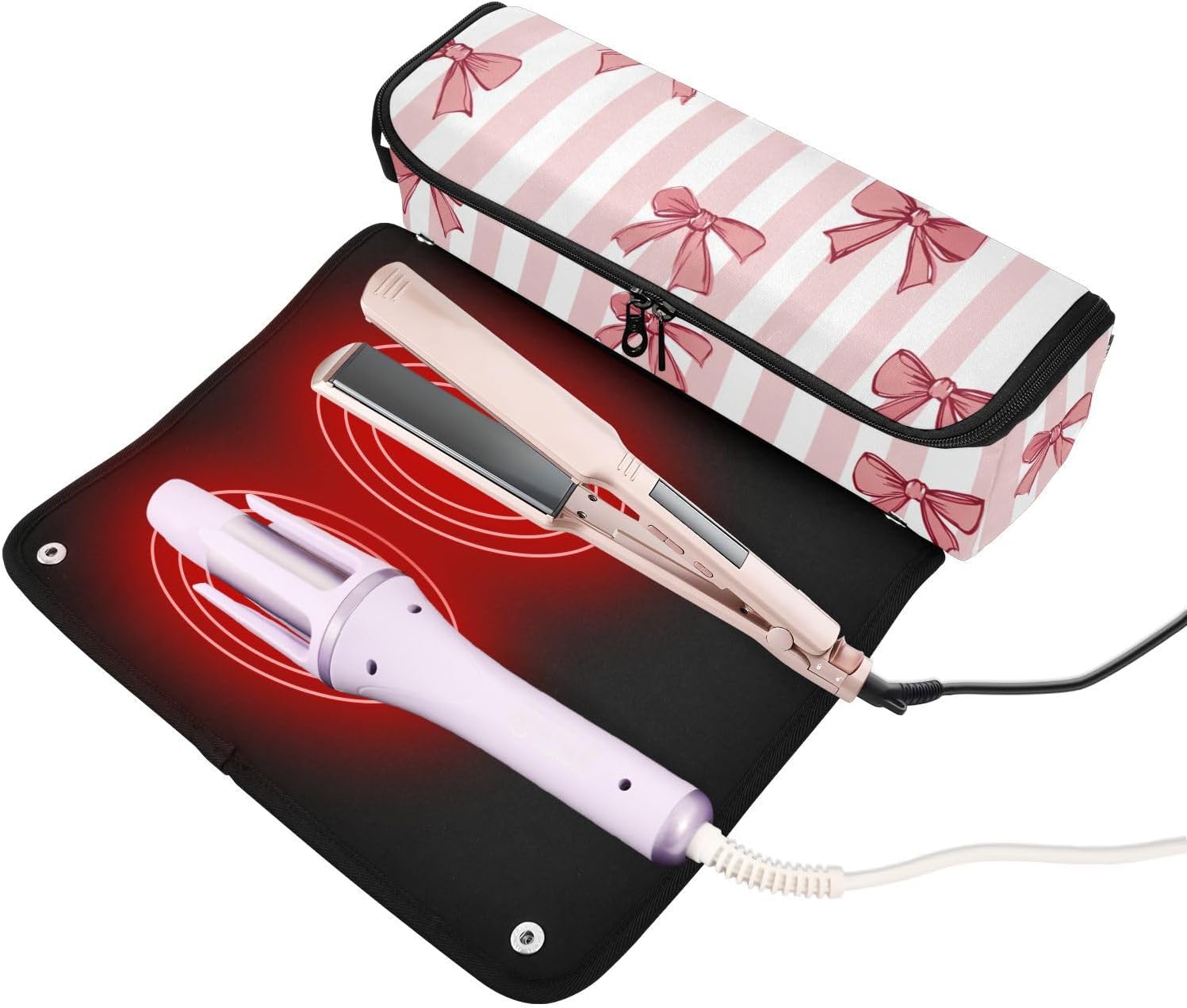 Hair Tools Travel Bag with Heat Resistant Mat Detachable 2-in-1 Curling Iron Travel Case Hot Tools Organizer for Straightener Flat Iron Pink White Stripes Bows