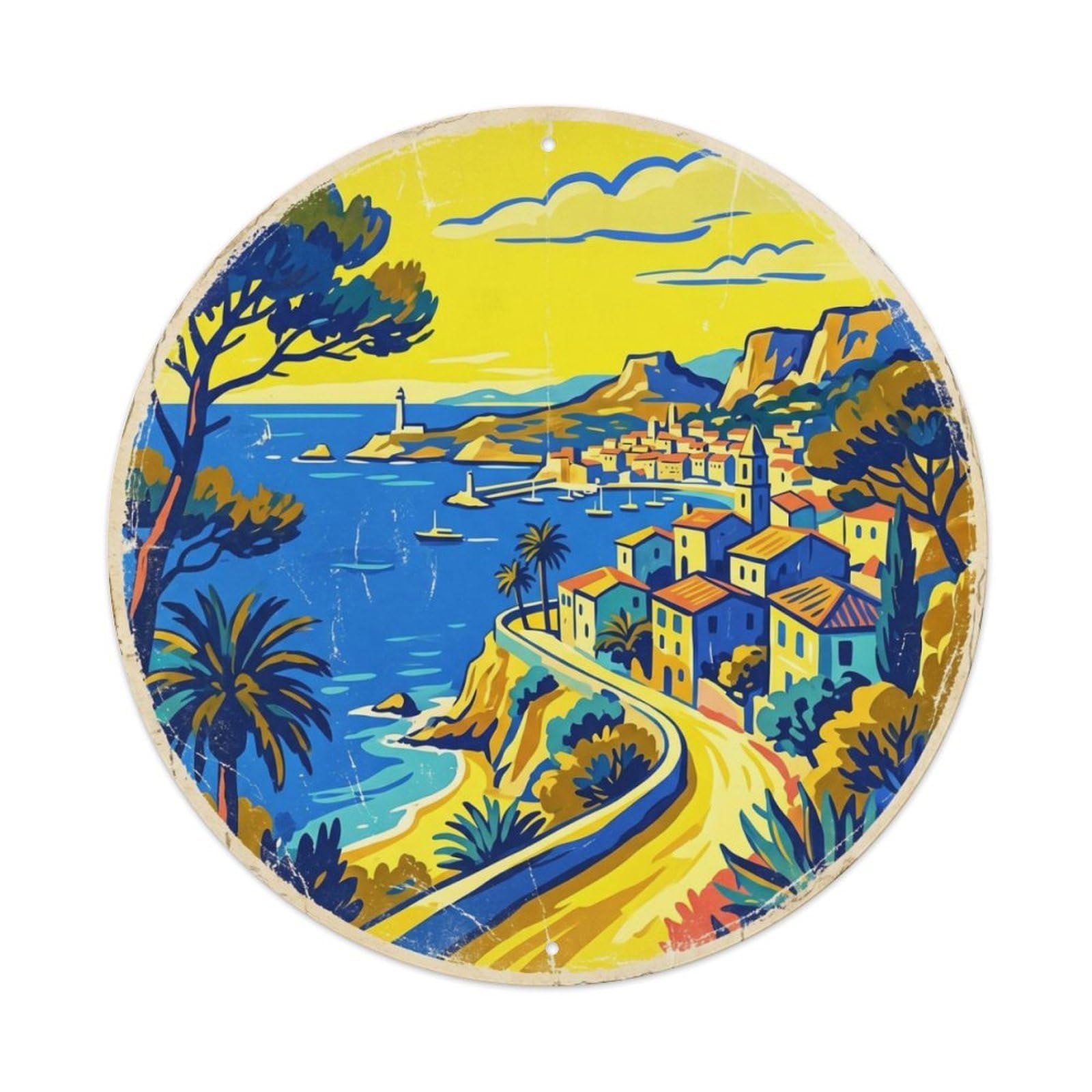 Fqcyn Style Vintage Travel Riviera France Coastline Metal Tin Sign Plaque Wall Decor For Cafe, Club Bar, Office, Home Garden Round Metal Poster 8X8inch