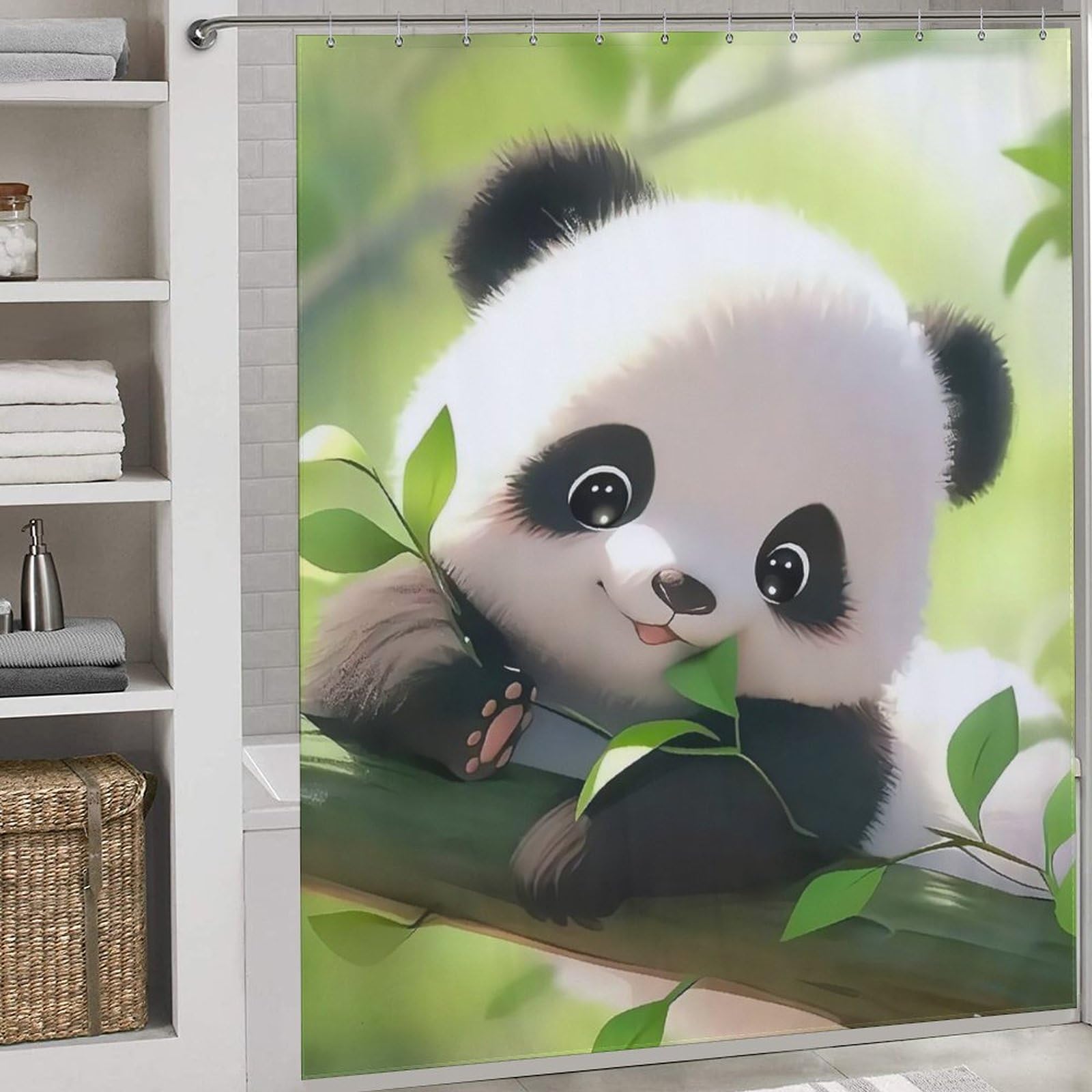 Rideau de douche panda polyester lavable en machine avec 12 crochets