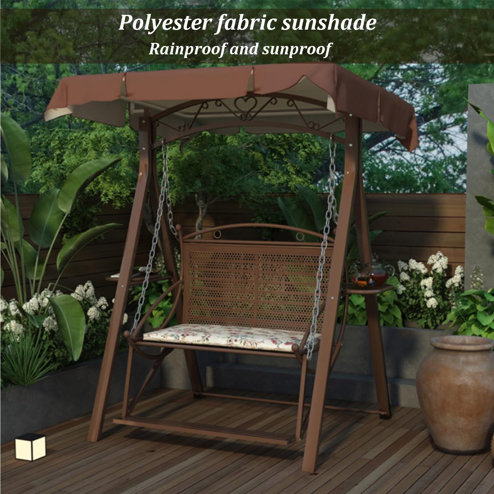 Altalena per portico da esterno con tettoia, struttura in metallo, impermeabile, include cuscino per sedile, vassoi portabicchieri e piedini resistenti all'usura per giardino e cortile