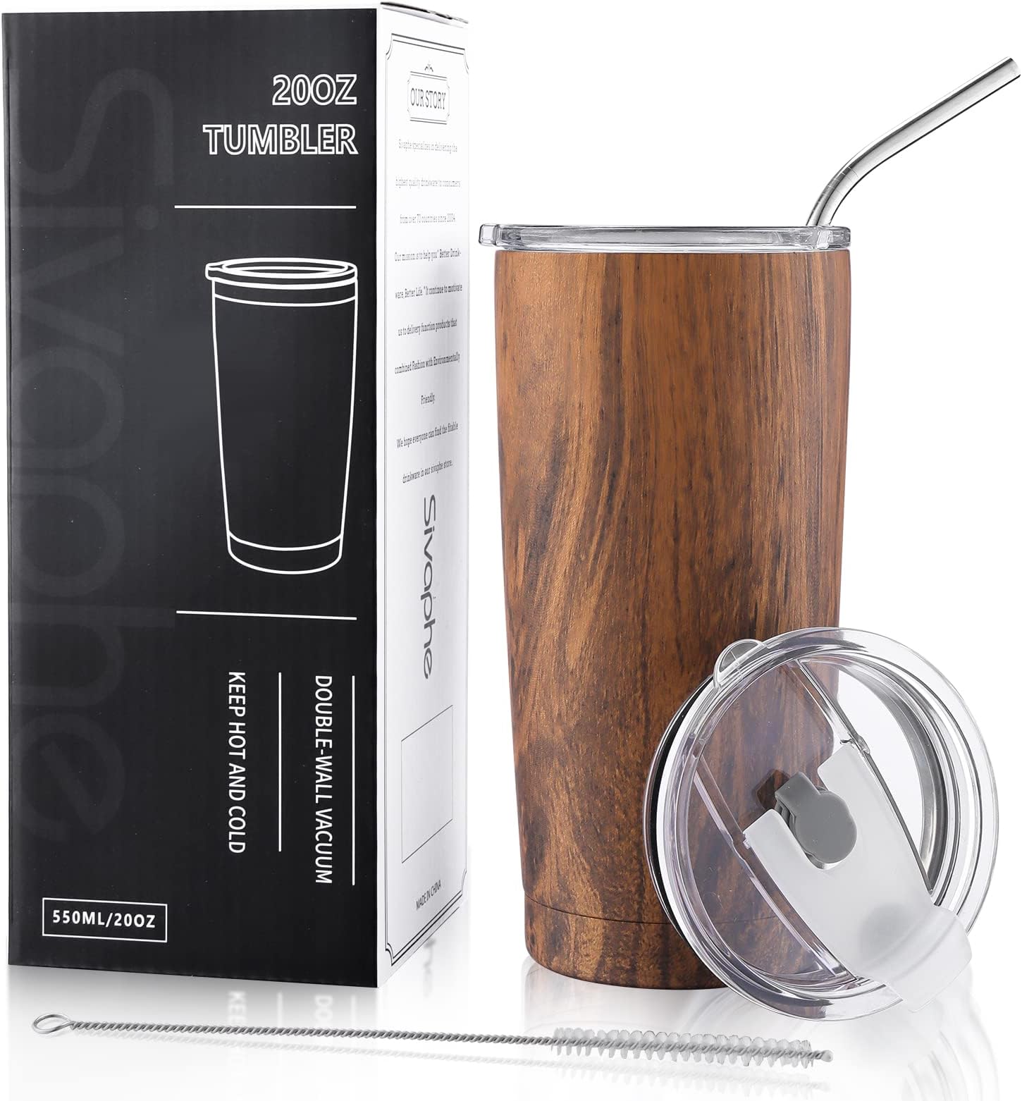 Sivaphe 20 oz Tumbler with Lid and Straw Stainless Steel Travel Coffee Mug Power Coated Thermal Cup for Men and Women Wood Grain