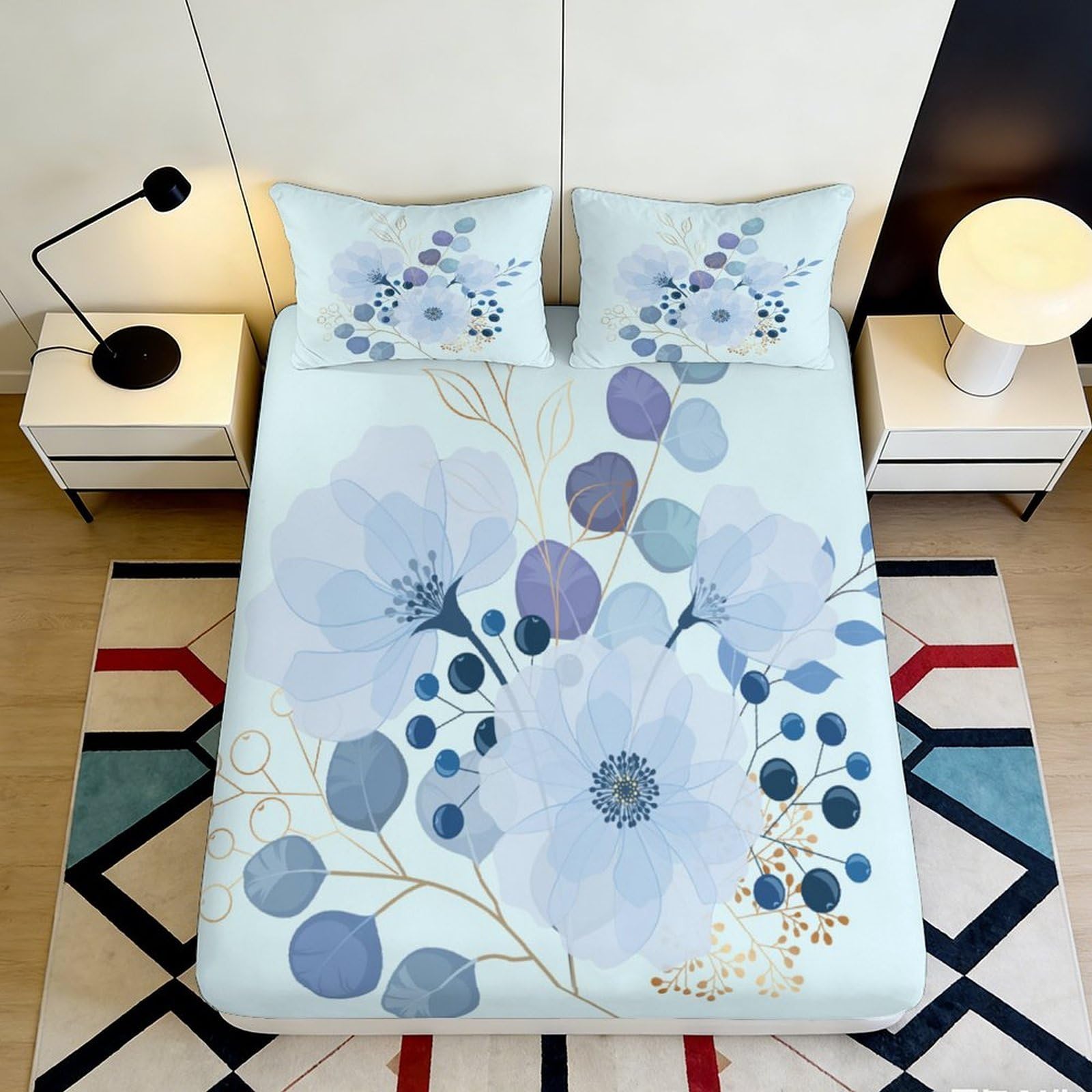 3D Printed Blue Floral Fitted Sheet Microfiber Soft Non Slip Mattress Cover Watercolor Botanical for Bedroom Guest Room Easy Care 180x200x25cm