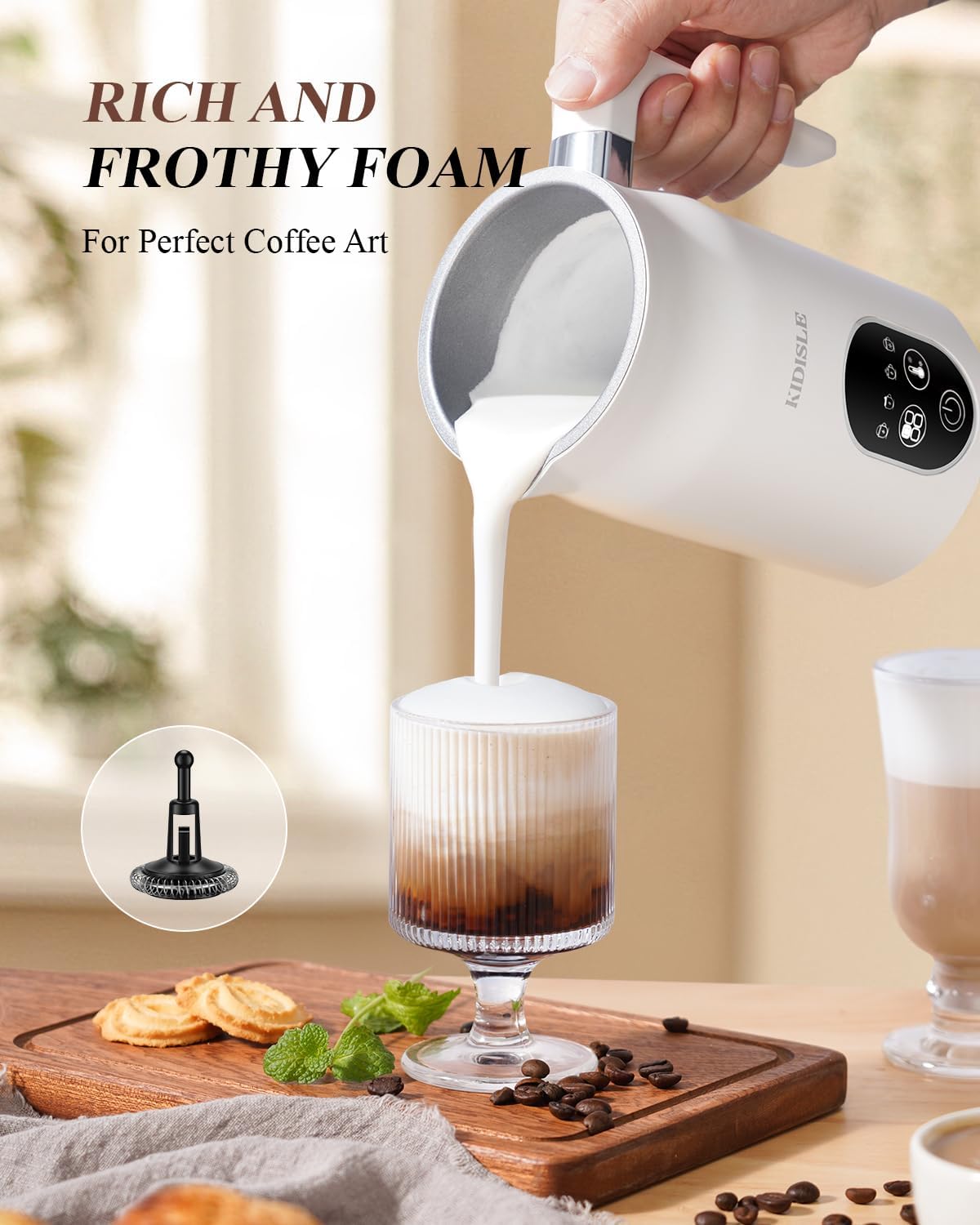 KIDISLE Milk Frother and Steamer 4 in 1, Milk Steamer with Auto Temperature Control, Warm & Cold Foam Maker, Hot Chocolate Maker, Frother for Coffee, Latte, Cappuccino, White