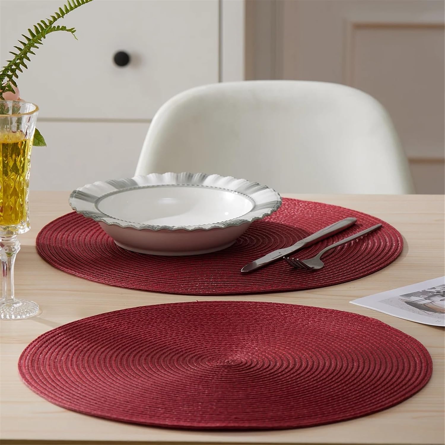Placemat Set of 4 15inch Round Braided Placemats Table Mats for Kitchen Tables Woven Non-Slip Place Mats(Green)