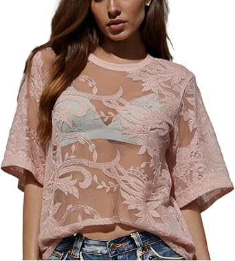 Womens Sexy Lace Mesh Tops Short Sleeve Round Neck Floral Embroidered Sheer Blouse See Through Layering Shirt Tops