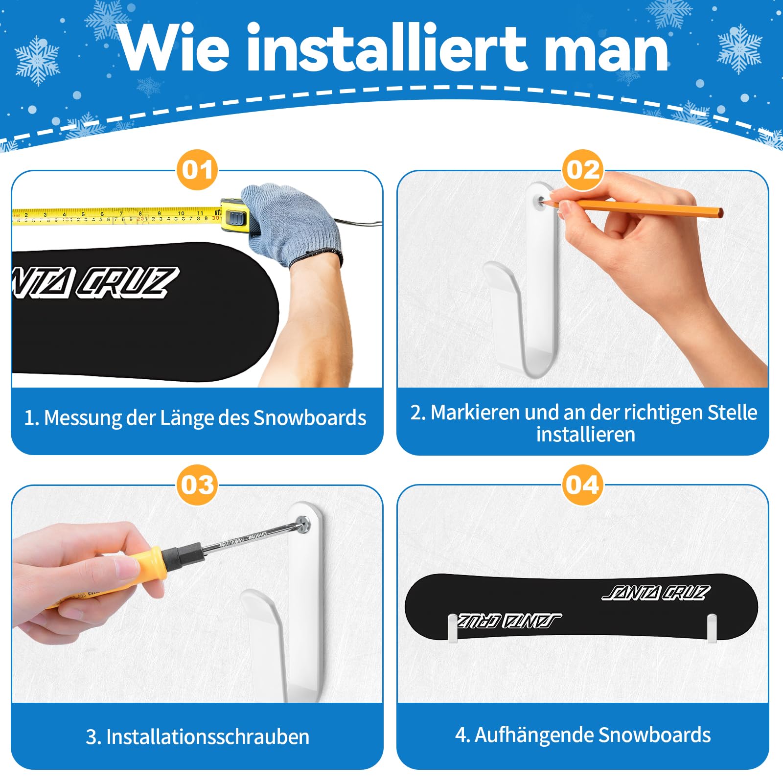 4 Stück Snowboard Wandhalterung,Horizontal Skateboard Wandhalterung mit Schrauben für Snowboard, Skiboard, Longboard, Skateboard (Weiß)