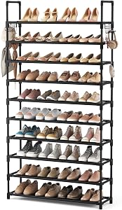 10 Tier Shoe Rack Tall Large Capacity 50 Pair Wide Shoe Organizer with Two Hooks Sturdy Metal Shoe Shelf for Entryway, Closet, Bedroom