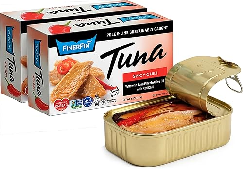 FinerFin Ensalada de atún de aleta amarilla en aceite de oliva orgánico  Sabor picante a chile  Atún enlatado premium con AOVE  Filetes gourmet