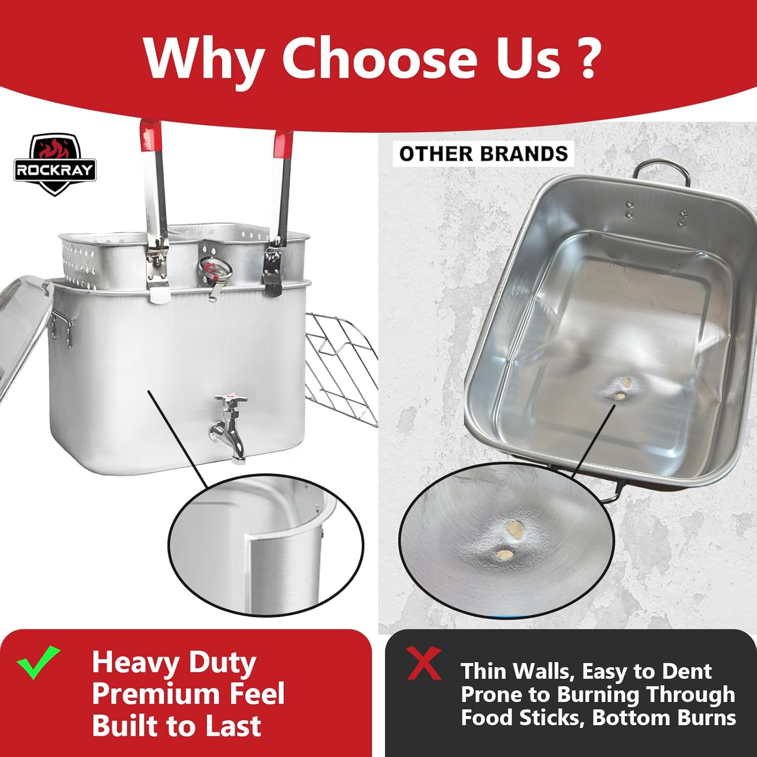 36QT Aluminum Deep Fryer Pot with Baskets &Spigot，Durable Rectangular Fish Fryers with Thermometer，Complete Outdoor Cooking Kit for Frying Fish,Crawfish,Crab,Turkey