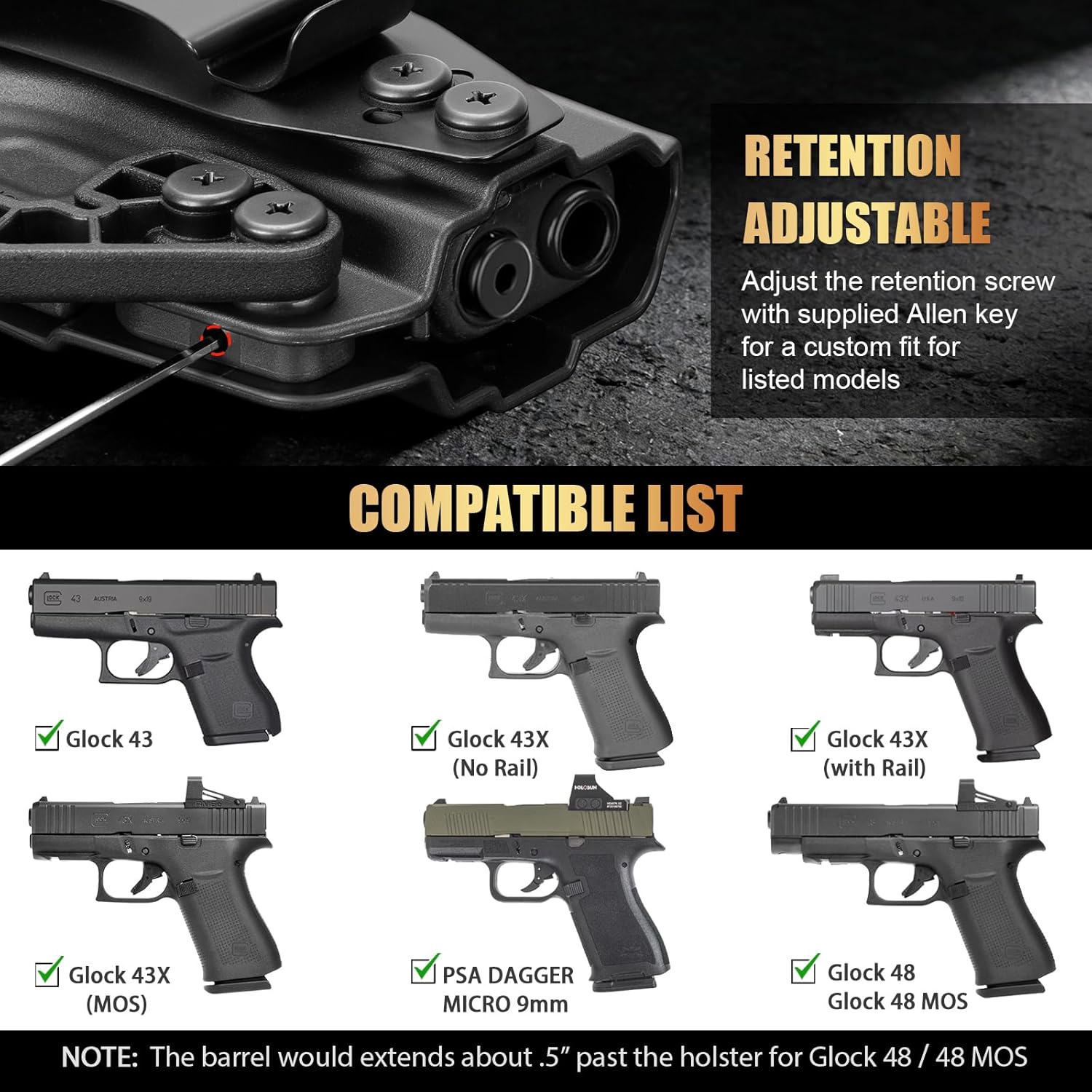 WARRIORLAND IWB & OWB G43x Holster, Compatible with Glock 43 / 43X / 43X MOS (No Light/Laser), Optics Ready, Adj. Retention & Cant & Height, Removable Concealment Claw, Paddle Included, Right Hand