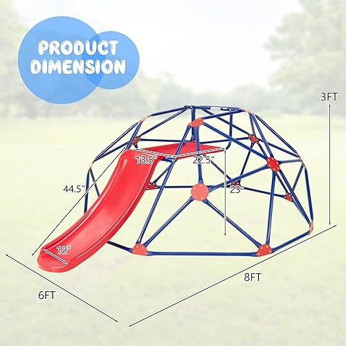 Vista 17 de Olakids Cúpula de escalada con tobogán, para niños al aire libre, gimnasio, cúpula geométrica, marco de acero, estructura de escalada de 8 pies