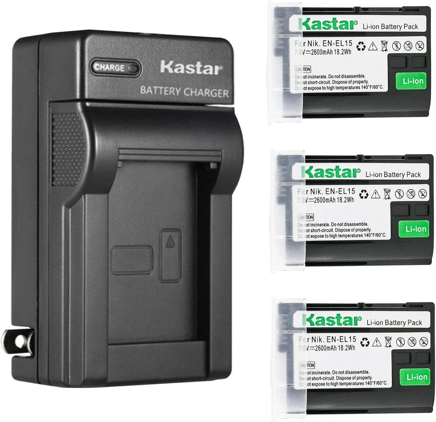 Kastar 2-Pack Battery and AC Wall Charger Replacement for Nikon EN-EL15 EN-EL15a EN-EL15b EN-EL15e Battery, MH-25 MH-25a MH-25b Charger, Nikon MB-D11, MB-D12, MB-D14, MB-D15, MB-D16, MB-D18 Camera