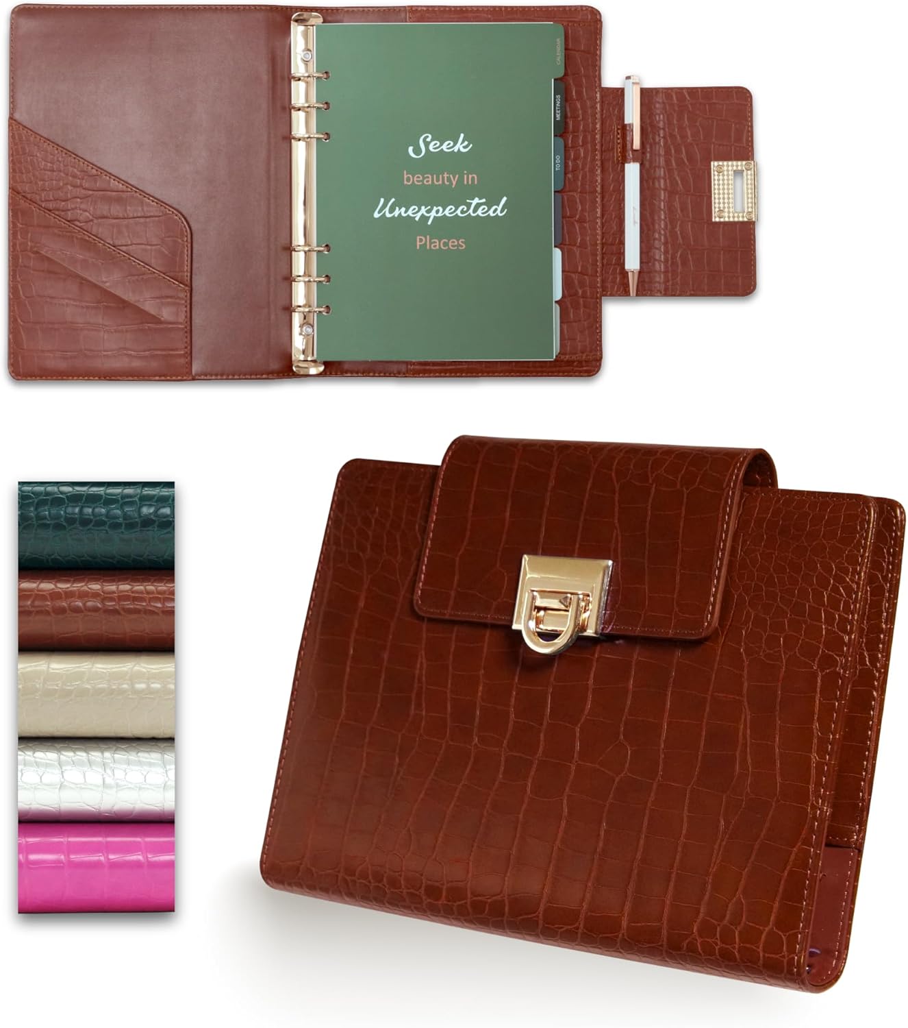 EGOSUNNY® Crocodile-Embossed A5 Refillable Undated Leather Planner – 5.8" x 8.3" Crocodile-Textured Leather Cover, Refillable 6-Ring Binder with 80 Sheets, Dividers & Metal Ballpoint Pen - Fashion-Inspired Organizer for Professional Women, Work & Meetings