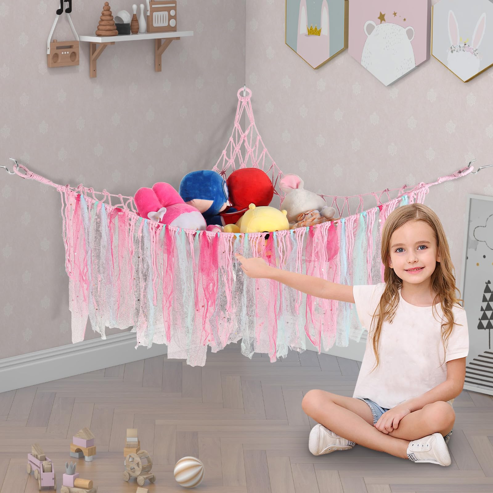 Teddy Hammock Toy Storage Net for Wall Corner Large Capacity Corner Hanging Net with Colorful Ribbon Macrame Boho Plush Toy Holder Nursery Hanging Organizer for Kids Bedroom and Playroom(Pink)