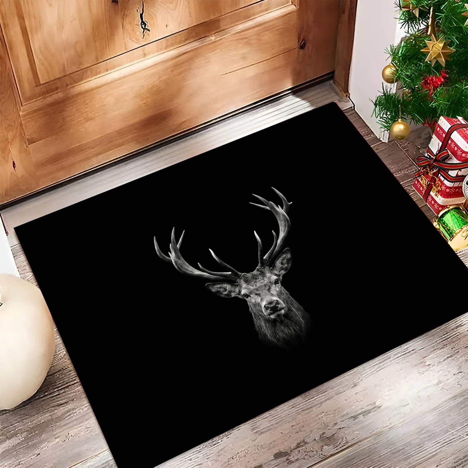 Zerbino Ingresso Interno Semplice Renna Bianca E Nera, Zerbino Di Benvenuto Lavabile Morbida Animali Eleganti, Antiscivolo Tappeto Da Decorazioni Grigio Antracite Per Casa Porta, 90X150Cm