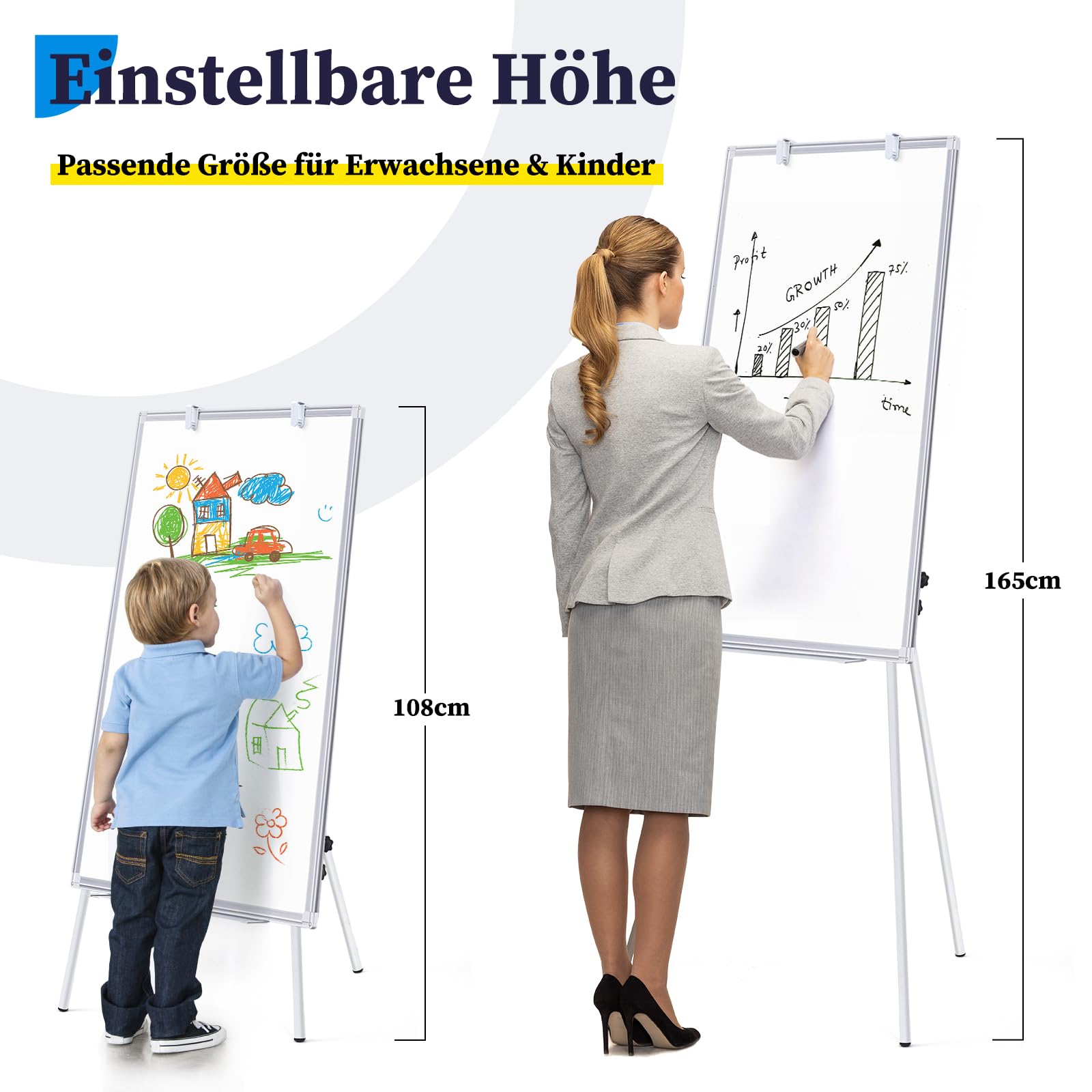 maxtek ​Flipchart Ständer Whiteboard, 90X60cm Magnetisches Tragbares Trocken Abwischbar White Board, Höhenverstellbar, Haken Verschieben Flipchart Papier, Dreibein Whiteboards mit Ständer