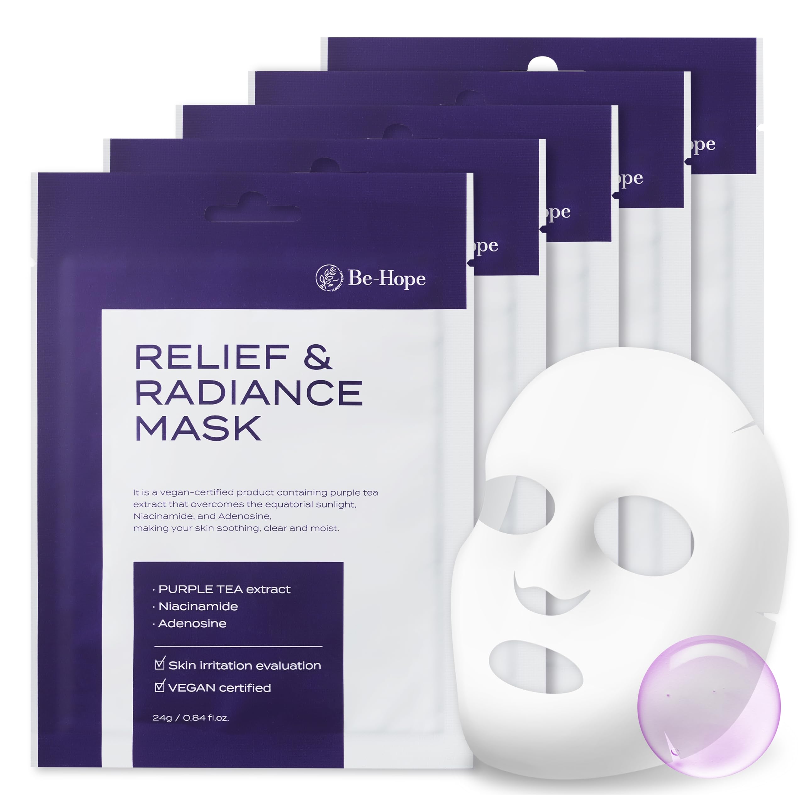 BE-HOPE Beruhigende Strahlkraft Tuchmaske 5er Pack vegan - Gesichtsmaske revitalisierend, straffend, Lifting Effekt, für alle Hauttypen