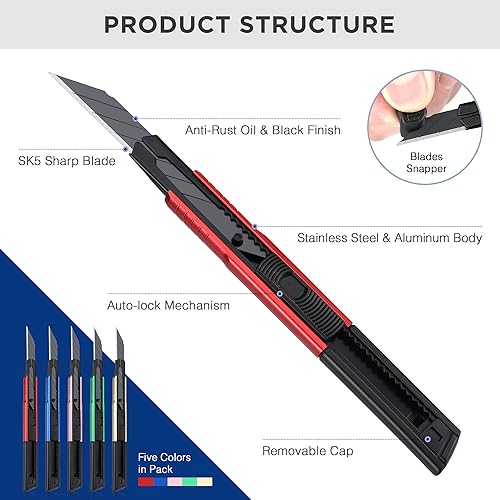 Miniatura 3 de WORKPRO Cuchillo utilitario de alta calidad, hoja retráctil a presión, juego de cortador de caja de aluminio resistente, cuchillos de afeitar Exacto