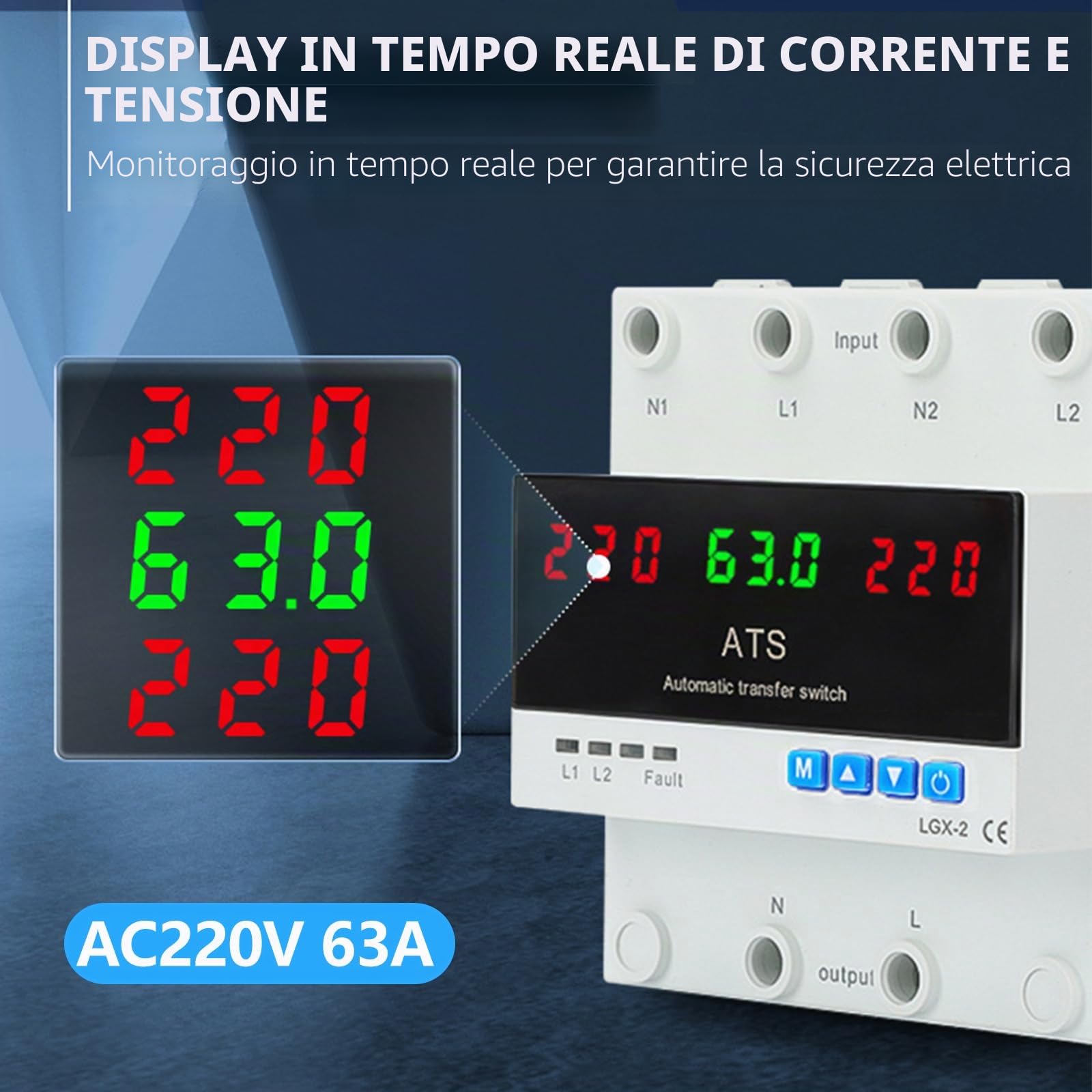 ATS 63A Monofase Automatico AC220V Commutatore Automatico di Trasferime Protezione Regolabile da Sovratensione e Sottotensione Display LED Inversione Automatica di Fase Montaggio su Guida DIN da 35 mm