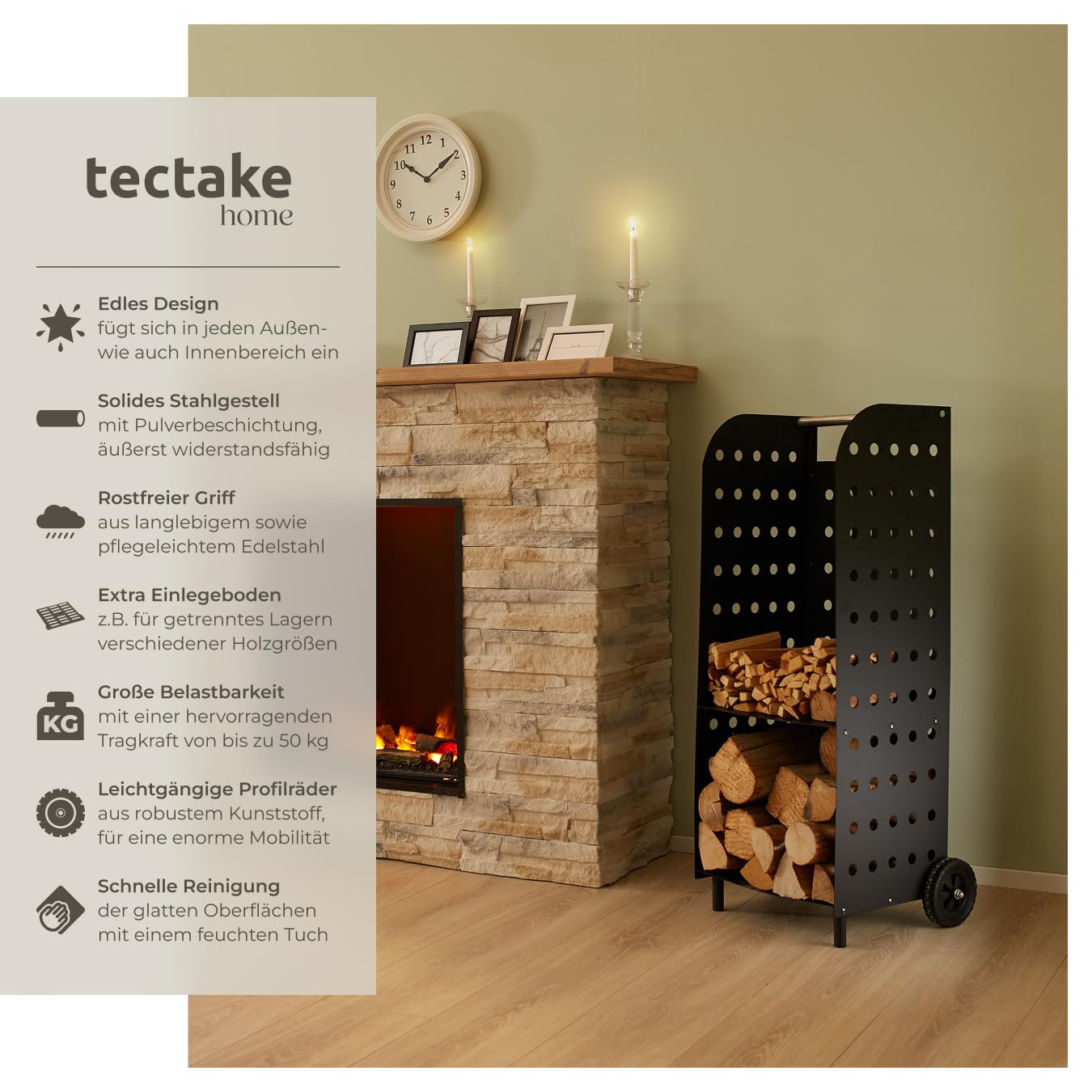 tectake® Holz Regal extrabreit mit Rollen, für aussen und innen, Kaminholzregal, Brennholzregal aus Metall, wetterfest, mobiles Holzlager, Transportwagen für Feuerholz, Kaminzubehör - schwarz