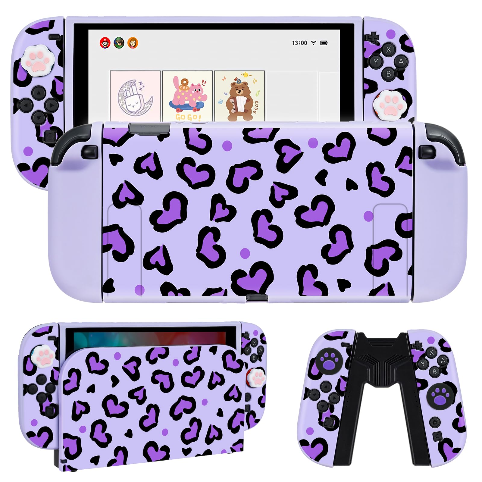 DLseego Protective Case Compatible with Switch 2,Heart Leopard TPU Dockable Soft Cover with Switch 2 Dock Case,Handle Cover and 4PCS Thumb Grips,Pink — view 9