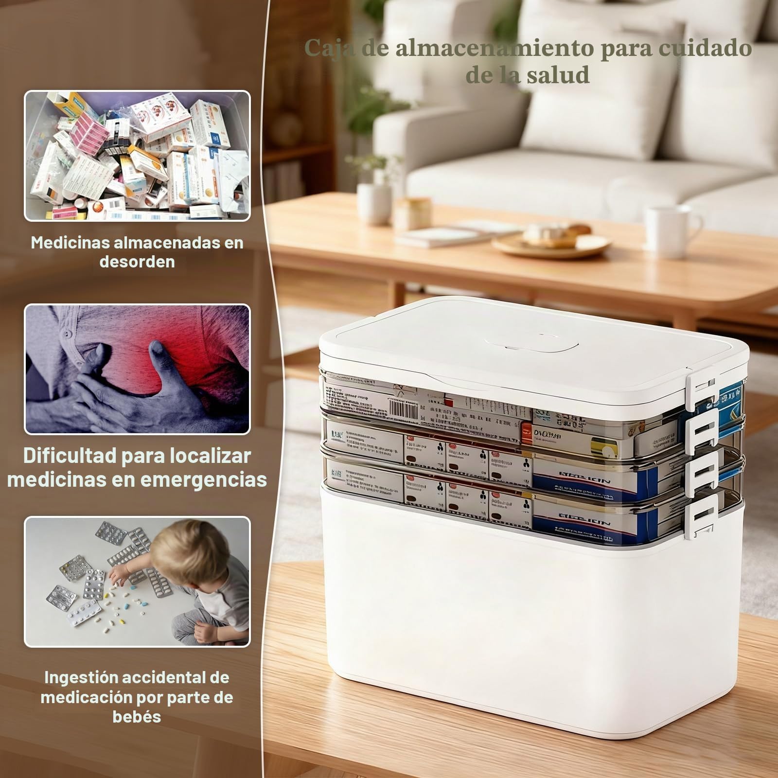 Caja Medicamentos 4 Niveles Caja Medicamentos Organizador con Asa Portátil | Botiquin Casa para Almacenamiento Medicinas Ideal para El Hogar y Los Viajes