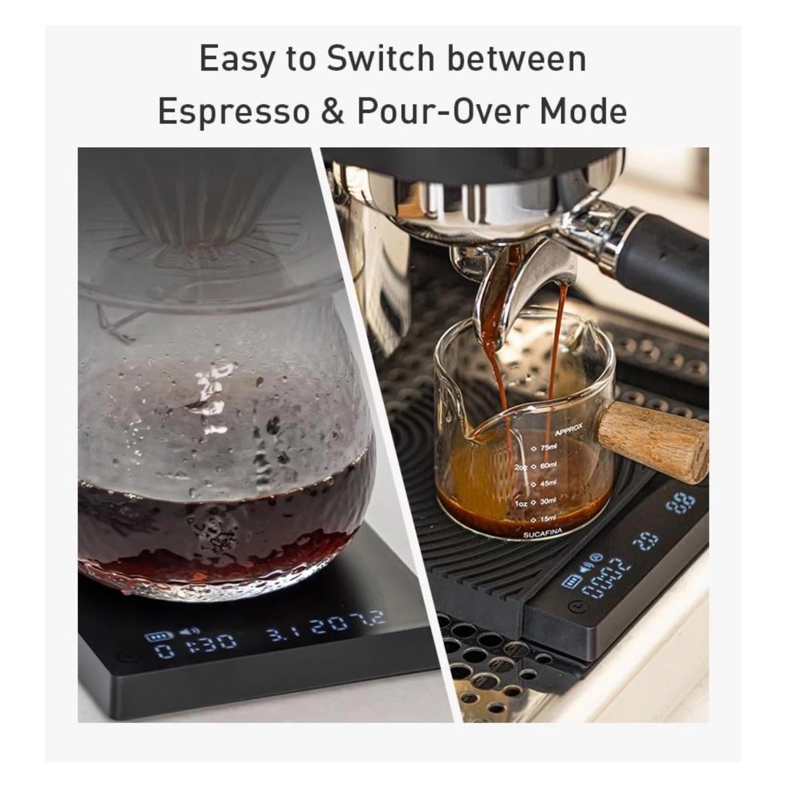 Bascula de Cocina, Báscula de cocina Black Mirror Mini, nueva, for café expreso, alimentos, con temporizador, USB, ligera, digital(MINI WHITE)
