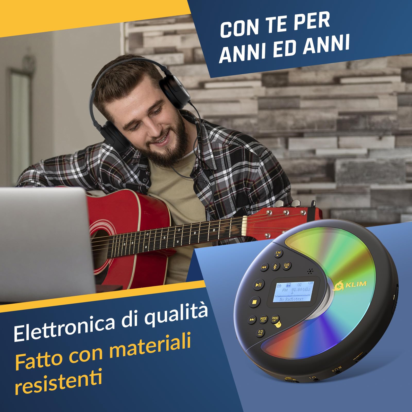 KLIM Discover Lettore CD HiFi Portatile Radio FM Bluetooth Nero/Oro
