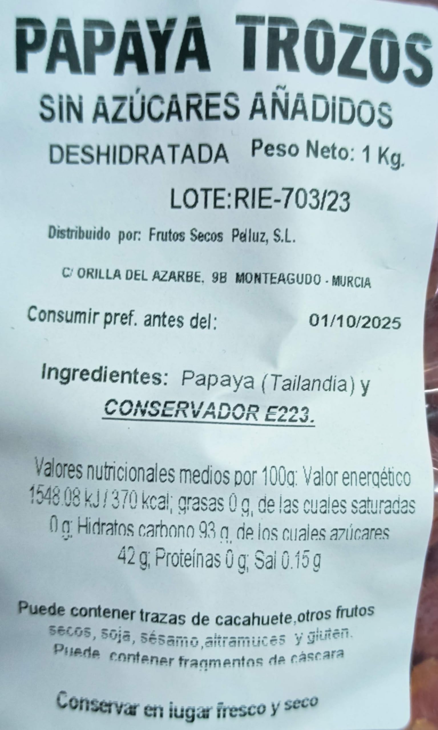 Papaya deshidratada sin azúcar añadida - 1kg - Marca Pelluz - ¡Delicioso y saludable!