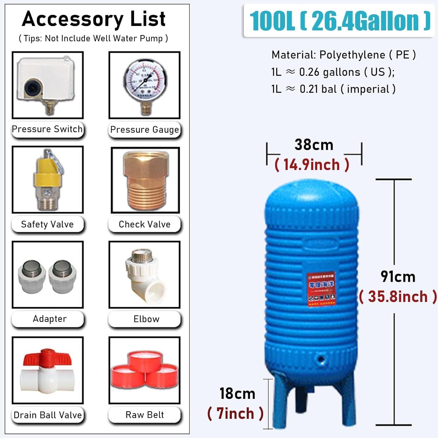 AviiSo Kanister Wassertank Expansionsdruckbehälter mit Kugelhahn-Montagesatz, 50L 60L 100L 120L 150L 200L Wassertanks stehen unter Druck für Wohn-/Garten-/Warmwasserbereiter(26gal/100L-91x38cm/35.8x15