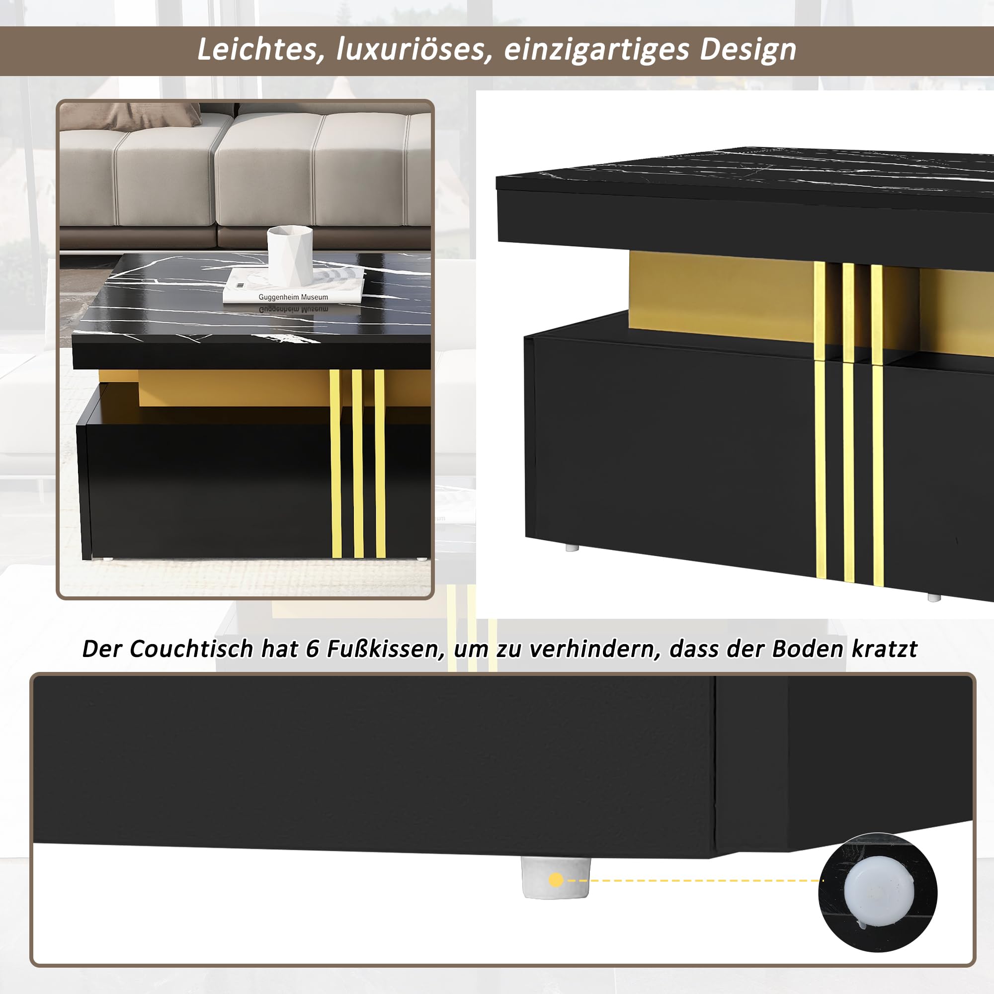 Modern Couchtisch Rechteckig mit Marmor-Optik Hochglanz Sofatisch Wohnzimmertisch mit 2 Holzschubladen Teetisch Kaffeetisch für Wohnzimmer Lounge Design Ablagetisch Groß 100x50x40 cm (Schwarz)