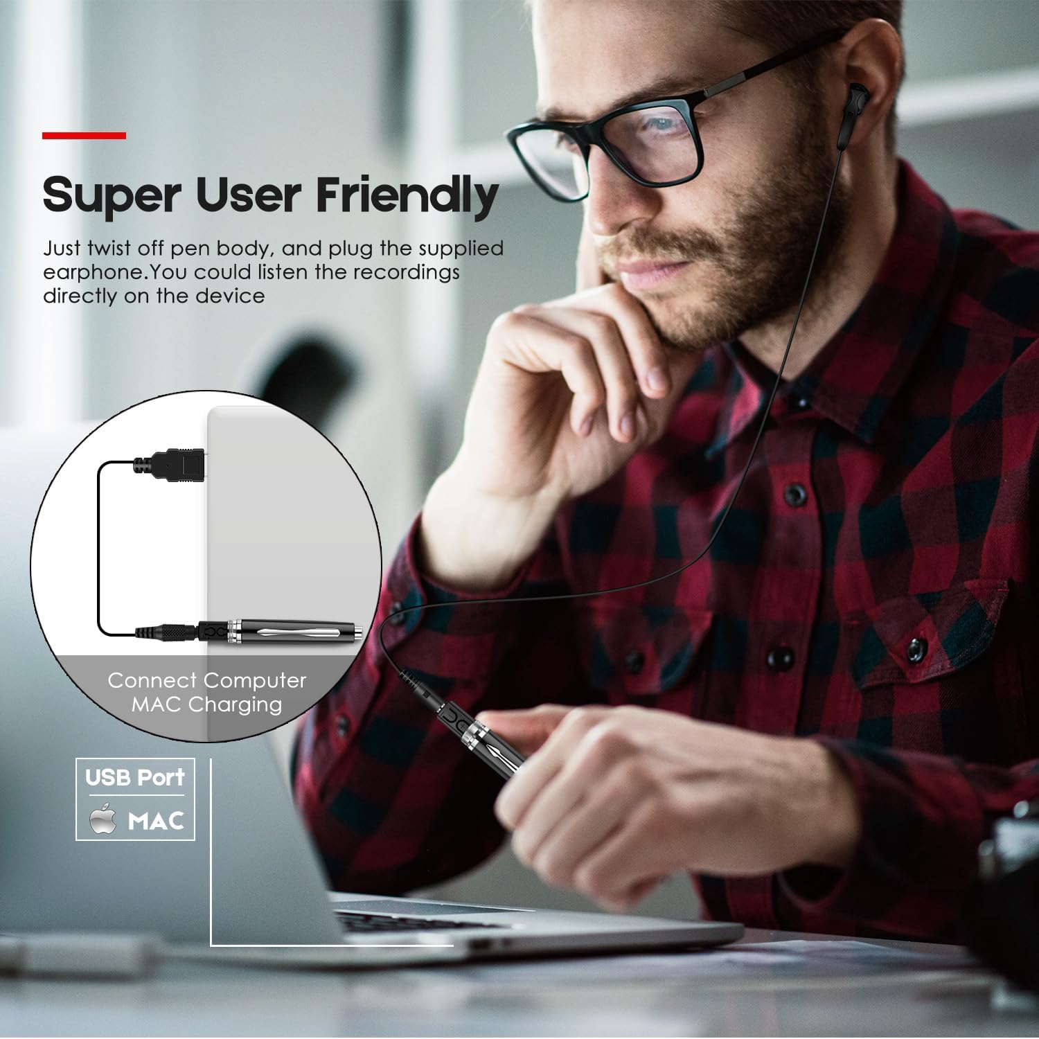 A person connecting the EVIDA voice recorder pen to a MacBook via USB cable.