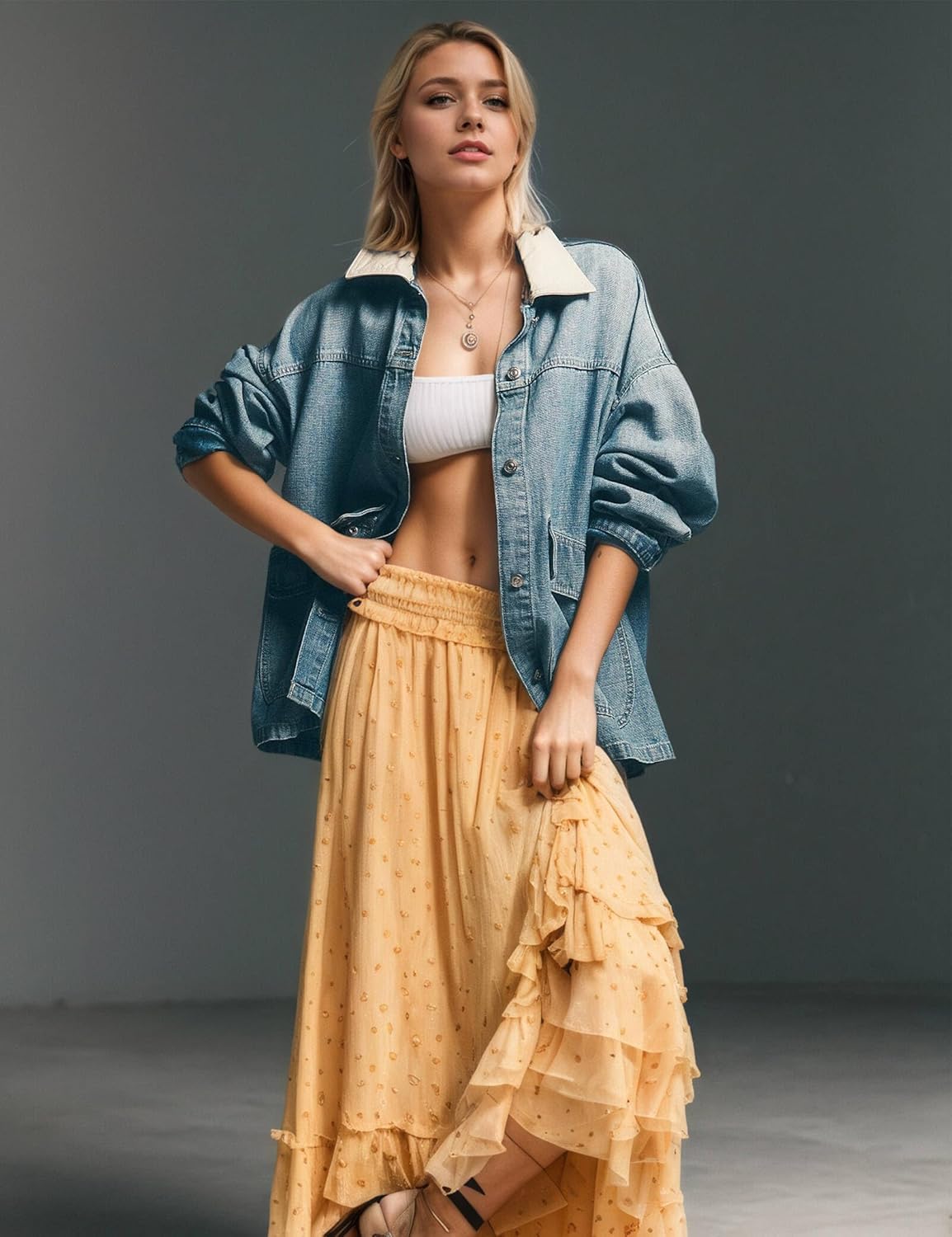 Womens Oversized Lemon Denim Barn Jacket with Contrast Trim Long Sleeve Button Down Jean Coat with Pockets - Image 7