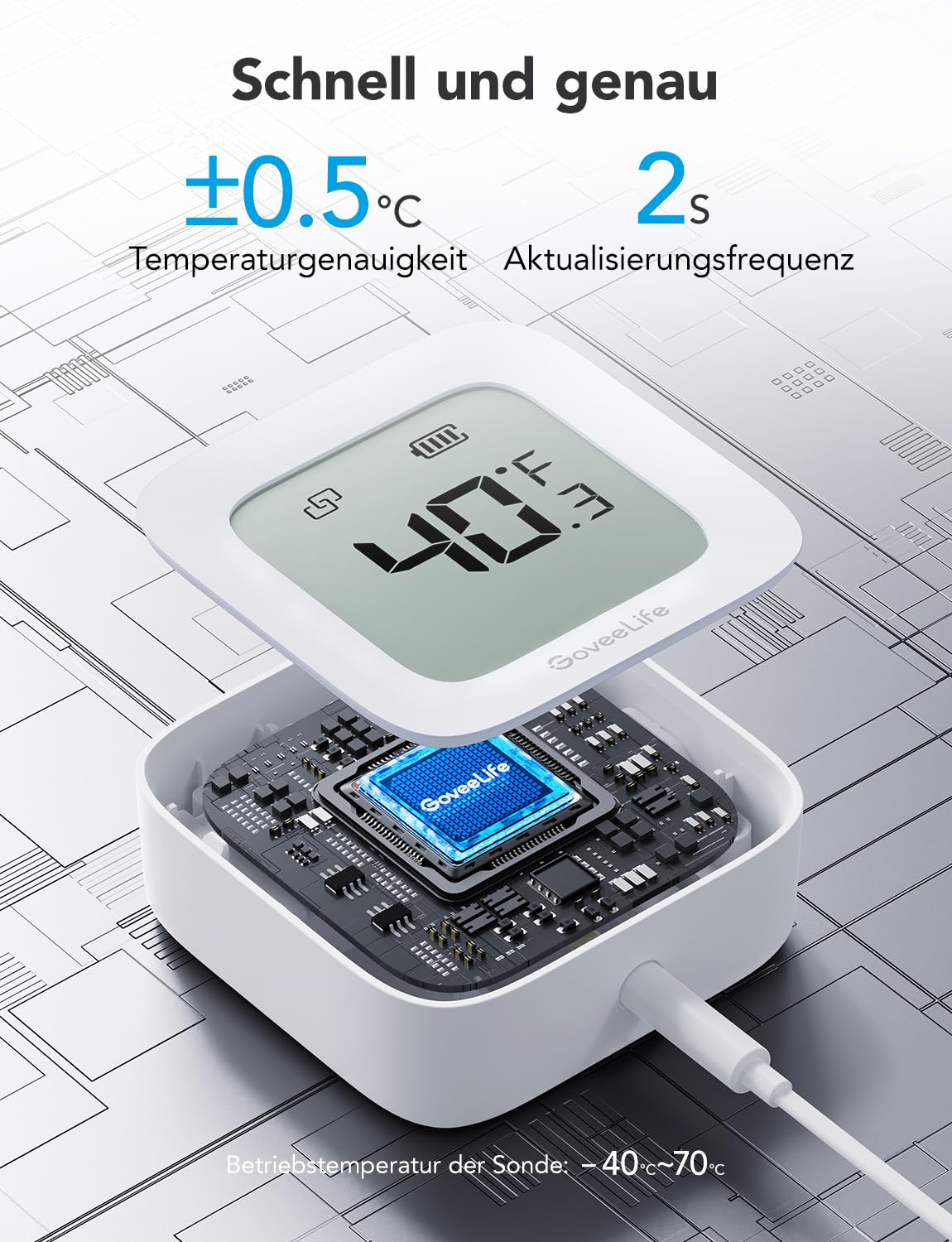 GoveeLife WLAN Kühlschrank Thermometer Digital mit Alarm, Kabellosem Funk Gefrierschrank Thermometer mit App, LCD-Display, 2 Jahre Datenexport, für Kühlschränke, Gefrierschränke, Aquarium