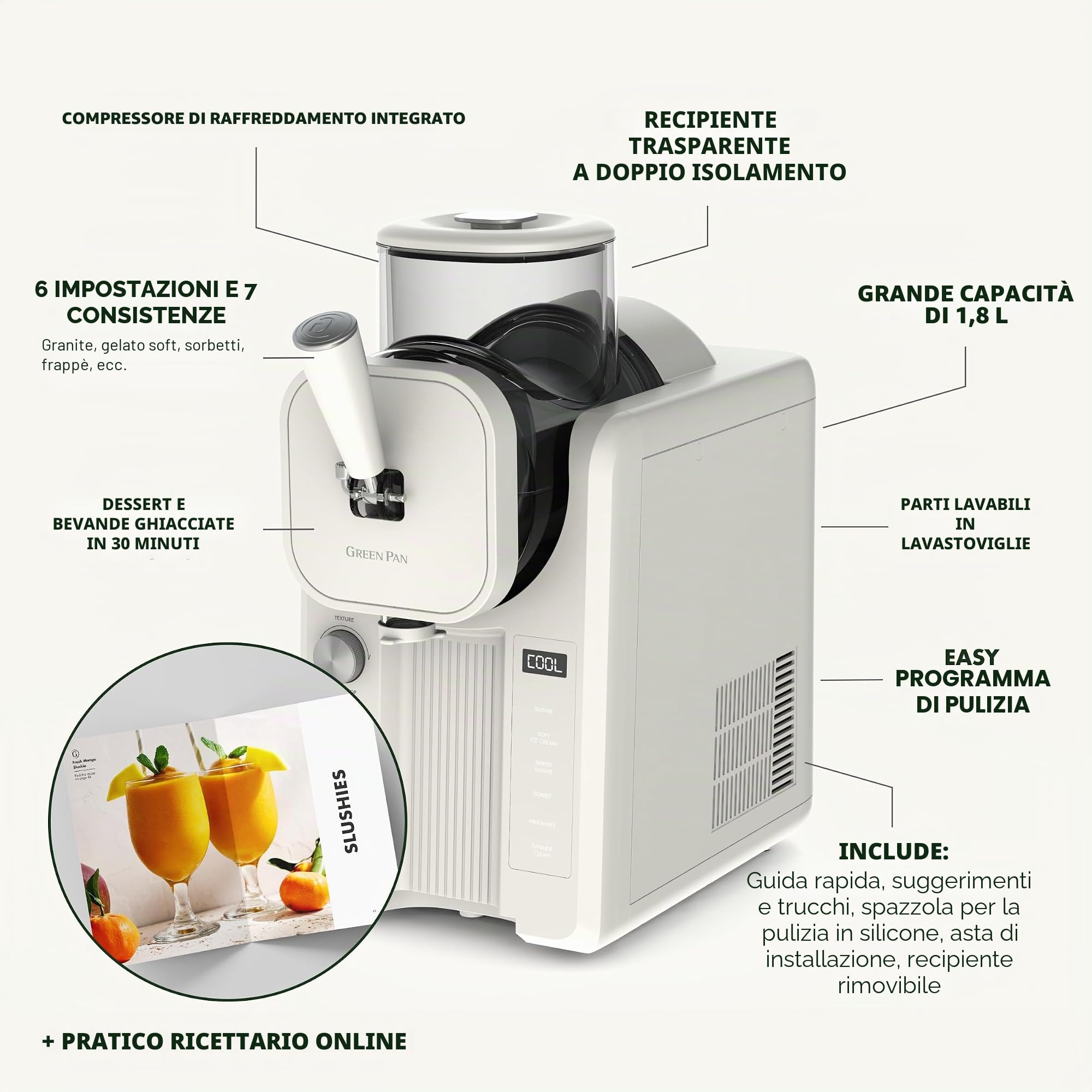 GreenPan Frost Gelatiera e Macchina per Slush 15-in-1, Ceramica Antiaderente Senza PFAS, Gelato, Sorbetto e Frozen Yogurt, Pronta in 15 Minuti, Senza Precongelamento, Bianco