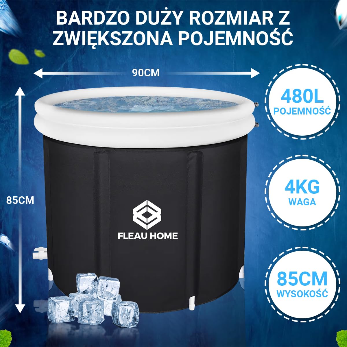 Fleau Home Kąpiel lodowa XXL PRO – basen z pokrywą i pompką – unikalny model izolacyjny – podwójna poduszka do siedzenia – wanna nadmuchiwana – wanna – nadmuchiwana – metoda Wim Hof
