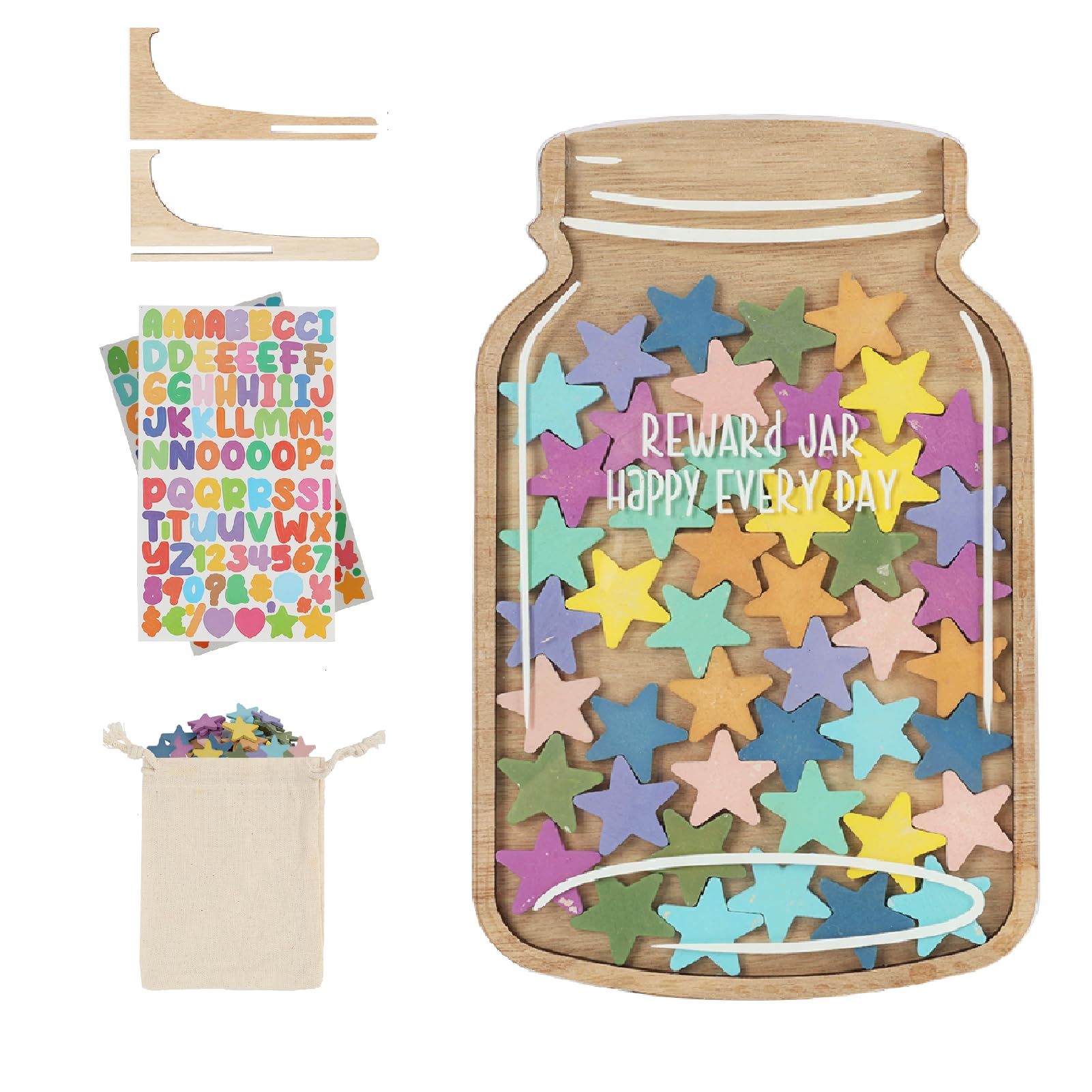 Reward Jar Set for Kids, Reward Jars for Children Motivate Good Behavior, Behaviour Charts Reward Chart Joy Jar, Includes 45 Colorful Wooden Stars Letter Number Stickers Drawstring Bag 10.66.71in